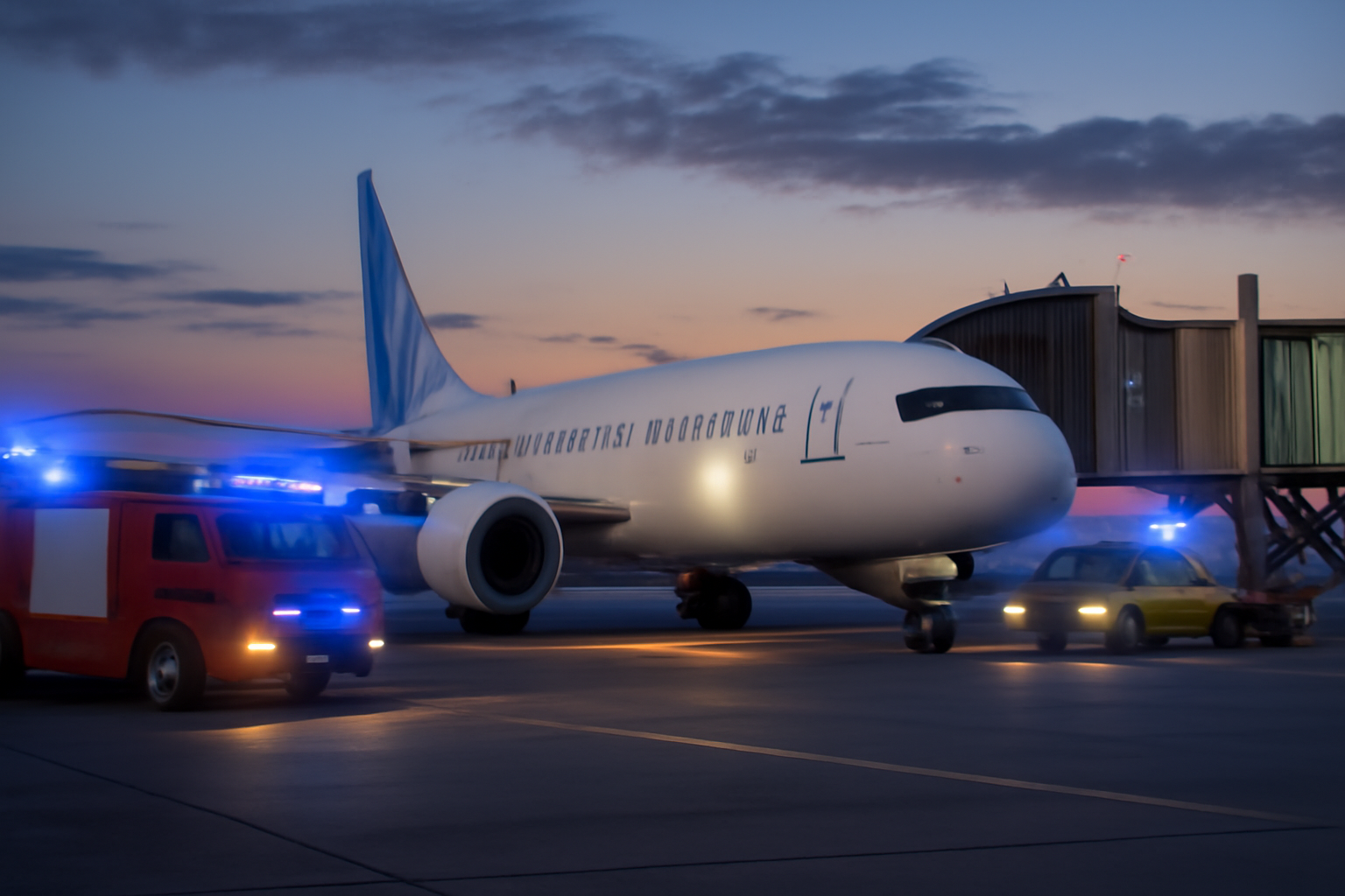 A Flydubai passenger jet on a tarmac with emergency vehicles nearby at dusk