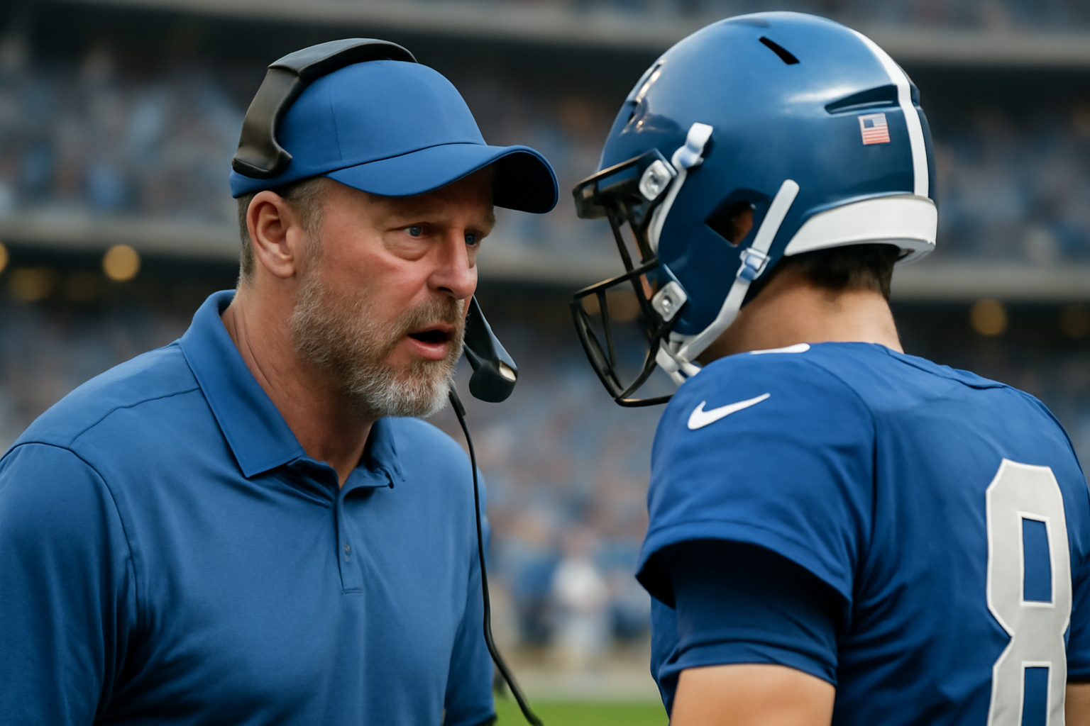 Chargers head coach Jim Harbaugh speaking with quarterback Justin Herbert on the sideline during an NFL game