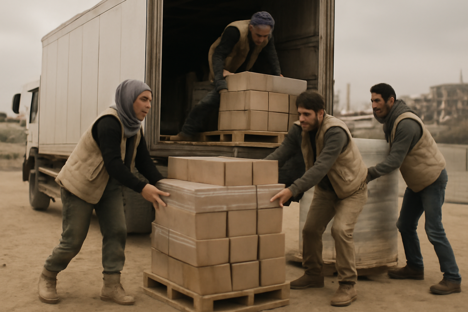 Pallets of food aid boxes stacked at a distribution point in Gaza
