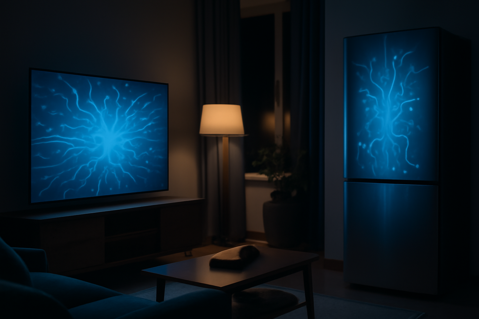 A smart TV and connected home appliances glowing with circuit-like light patterns in a dim living room