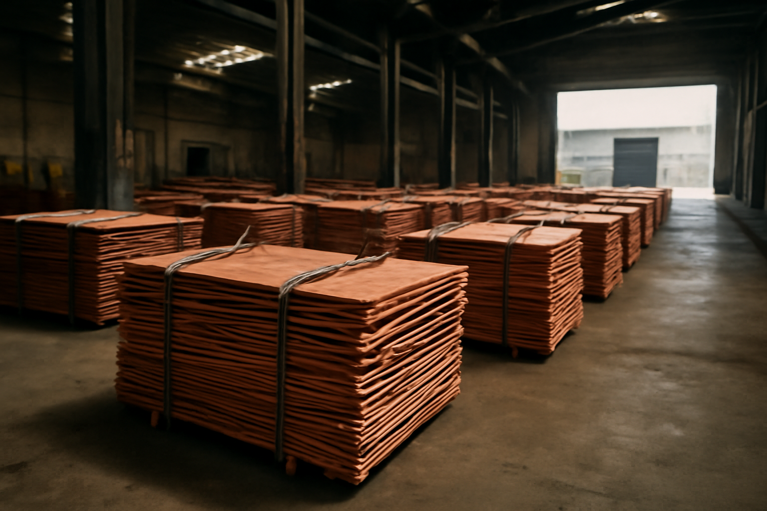 Stacks of copper cathode sheets on a warehouse floor near a shipping dock