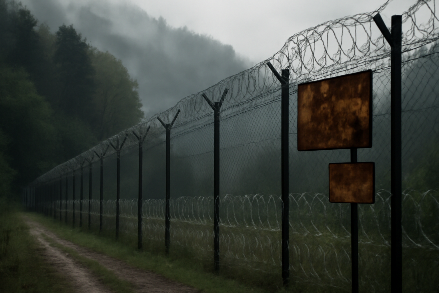 Razor wire and warning signs along a fenced section of the Korean Demilitarized Zone