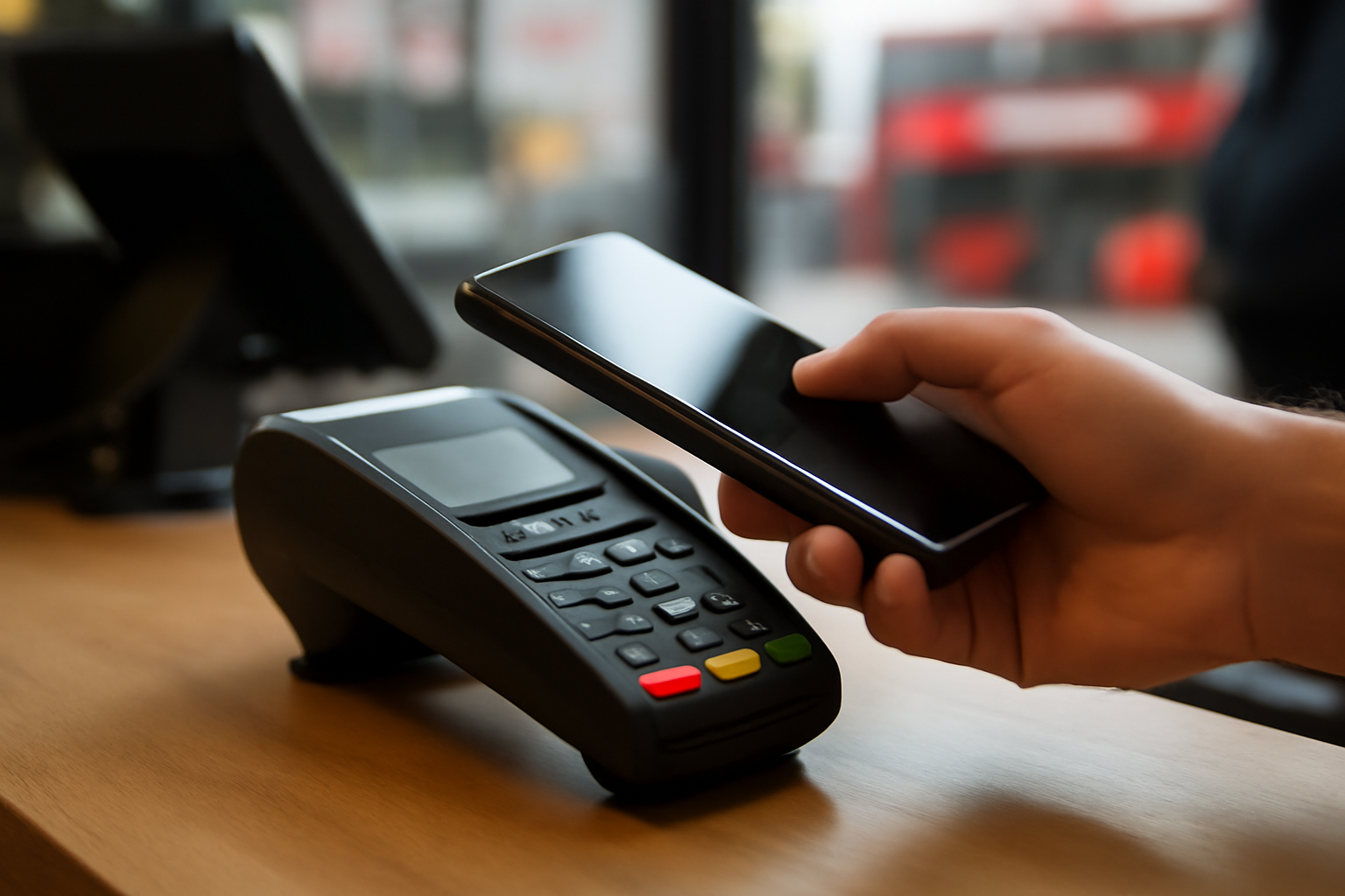 Close-up of a smartphone tapping a contactless payment terminal in London