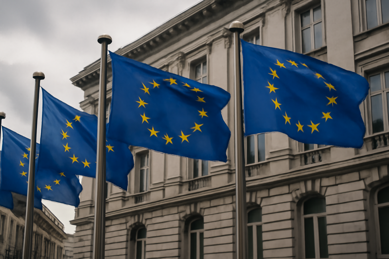 European Union flags outside a government building in Brussels