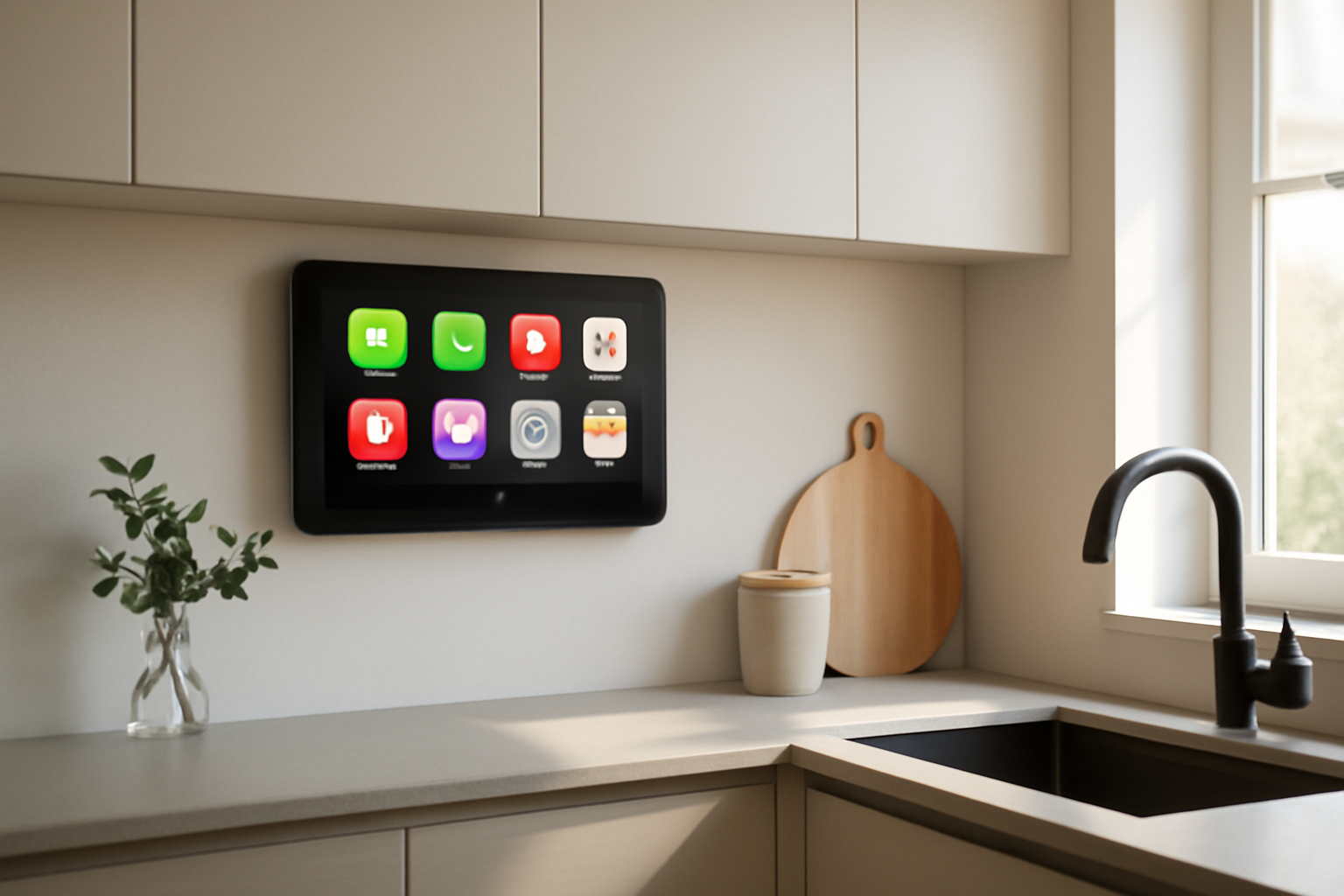 Wall-mounted smart home hub in a kitchen displaying a grid of app icons similar to a car dashboard screen