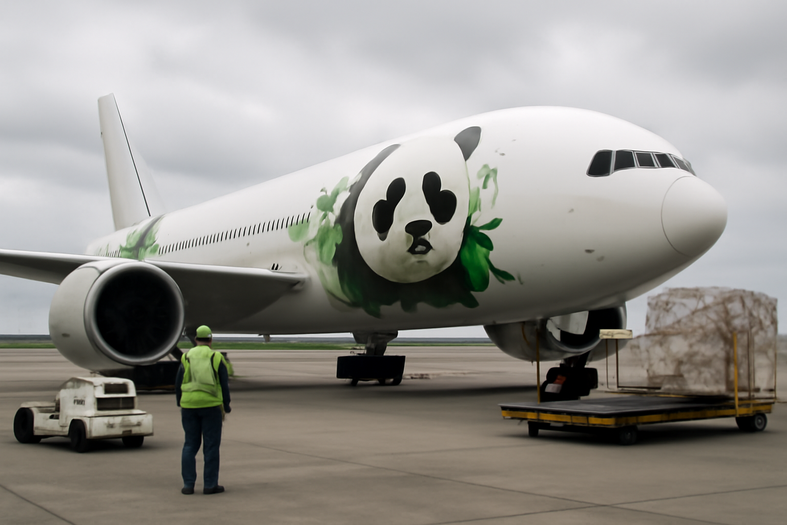 A Boeing 777 cargo aircraft with panda livery taxis at an airport gate under daylight skies