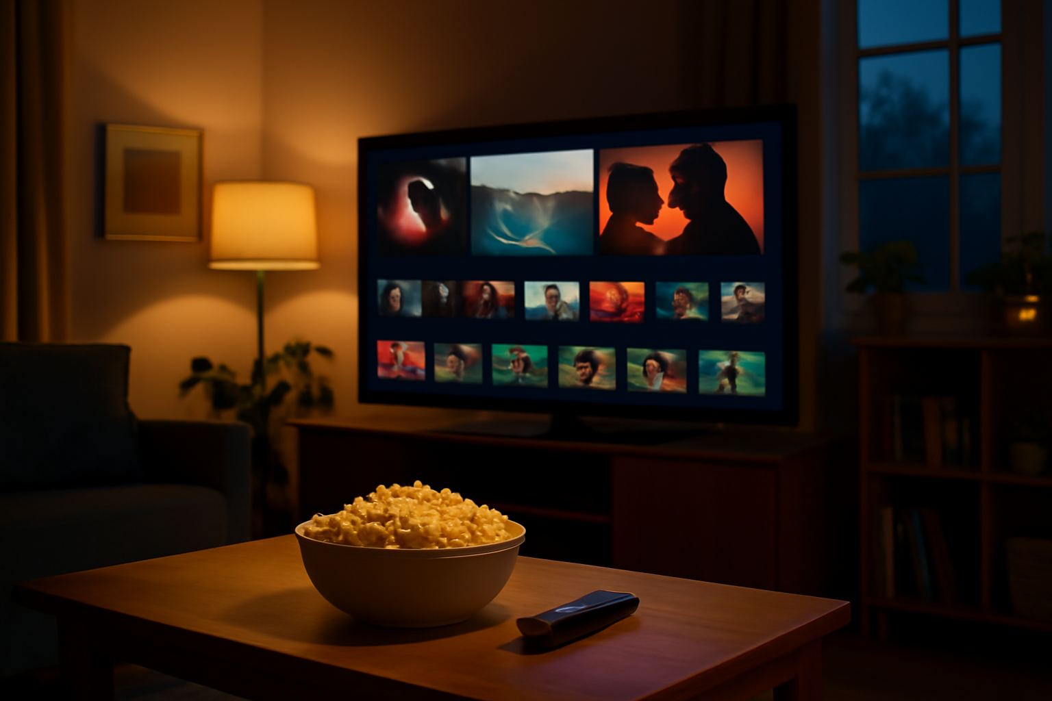 A television remote and glowing screen sit on a coffee table in a dim living room set up for weekend viewing