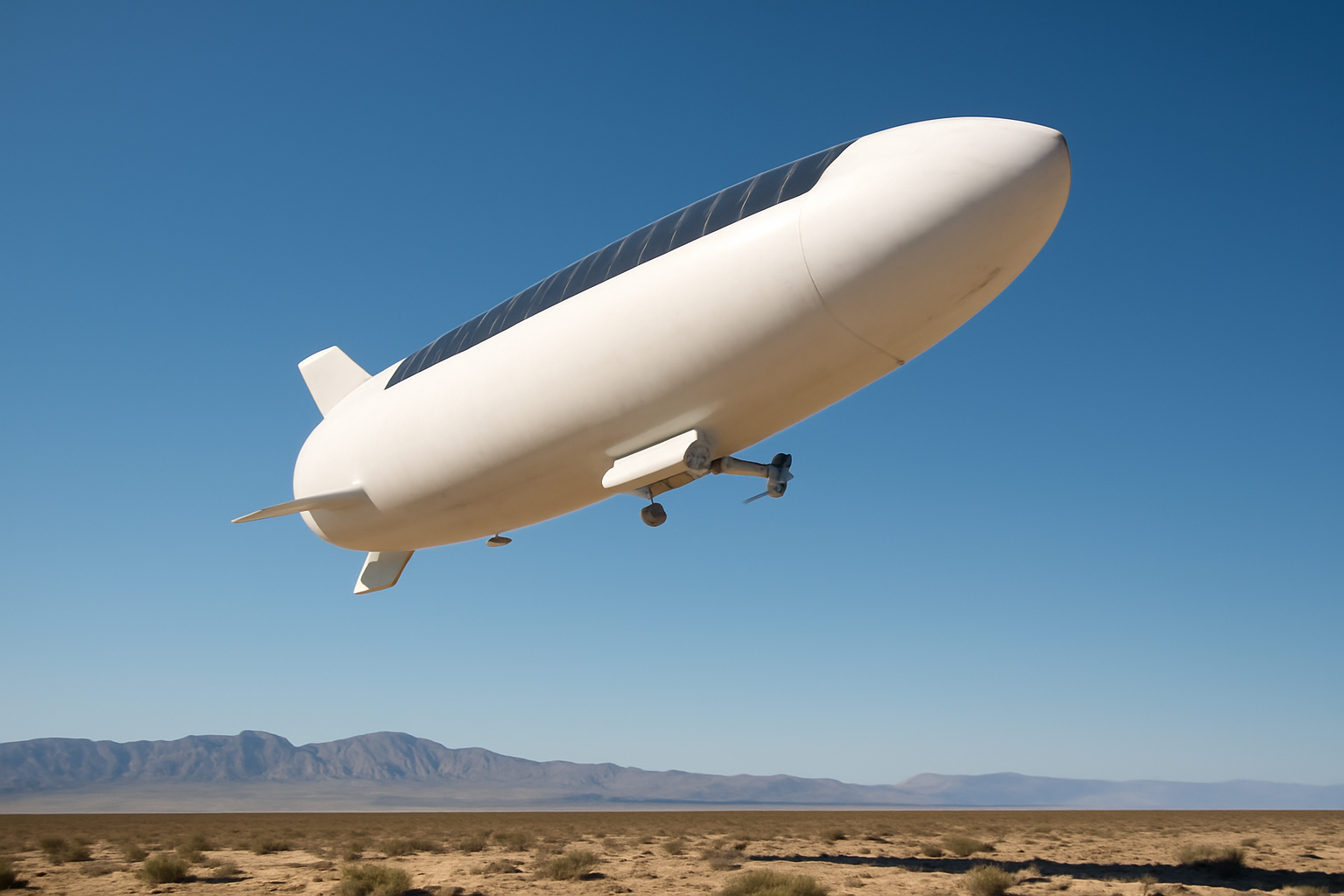 Large white stratospheric airship ascending into a clear blue sky above a desert launch site