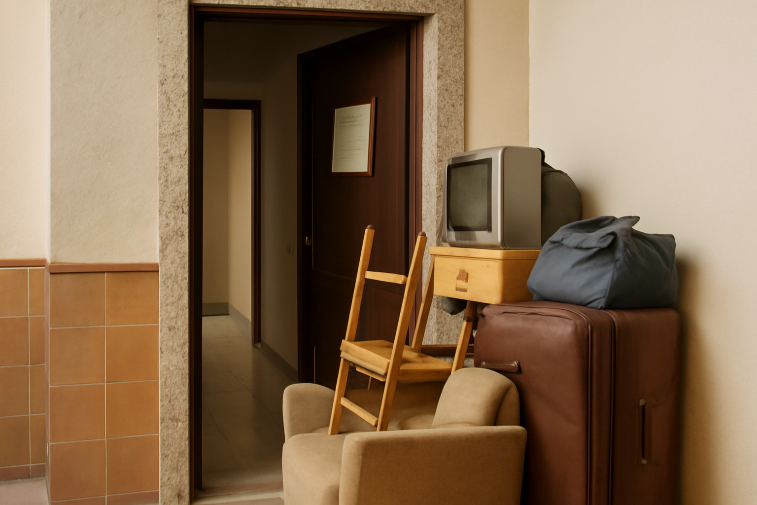 An elderly woman's empty apartment doorway in Madrid with belongings stacked outside and an eviction notice visible on the door