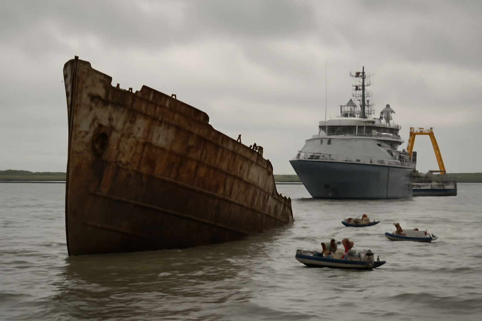 Rusted hull of a sunken World War II-era cargo ship partially visible above water with a salvage vessel nearby