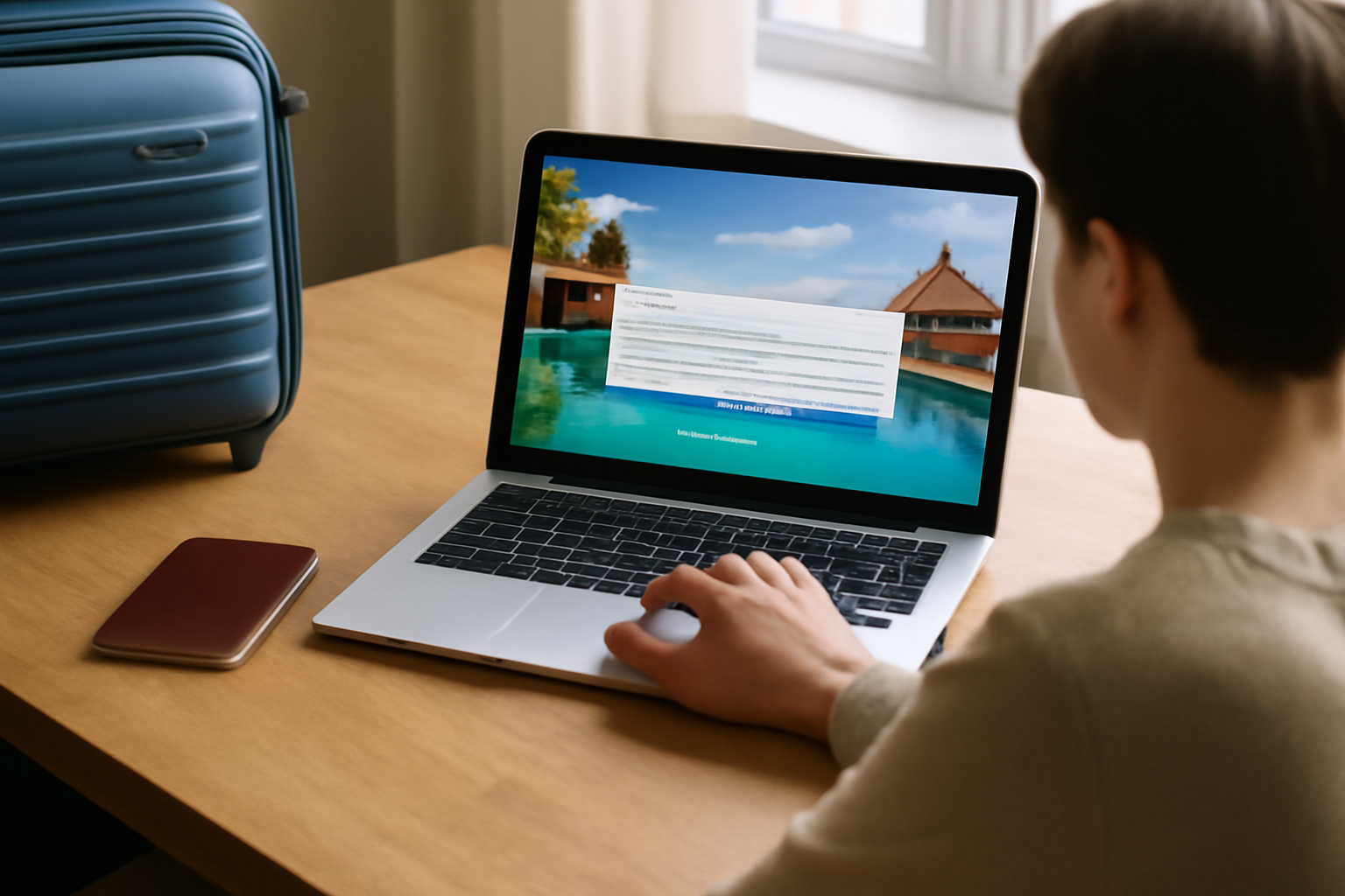 Traveler checking hotel booking options on a laptop with a world map backdrop