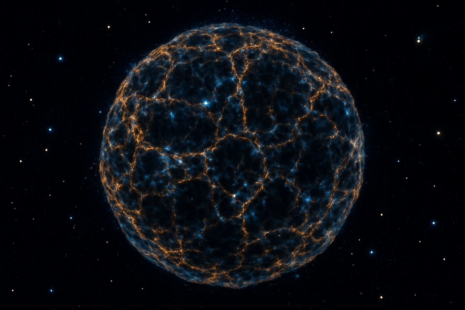 Sphere-shaped supernova remnant showing glowing filaments made of bead-like knots of gas