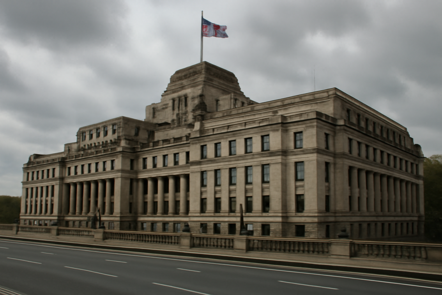 Exterior of MI5 headquarters building Thames House in London under overcast sky