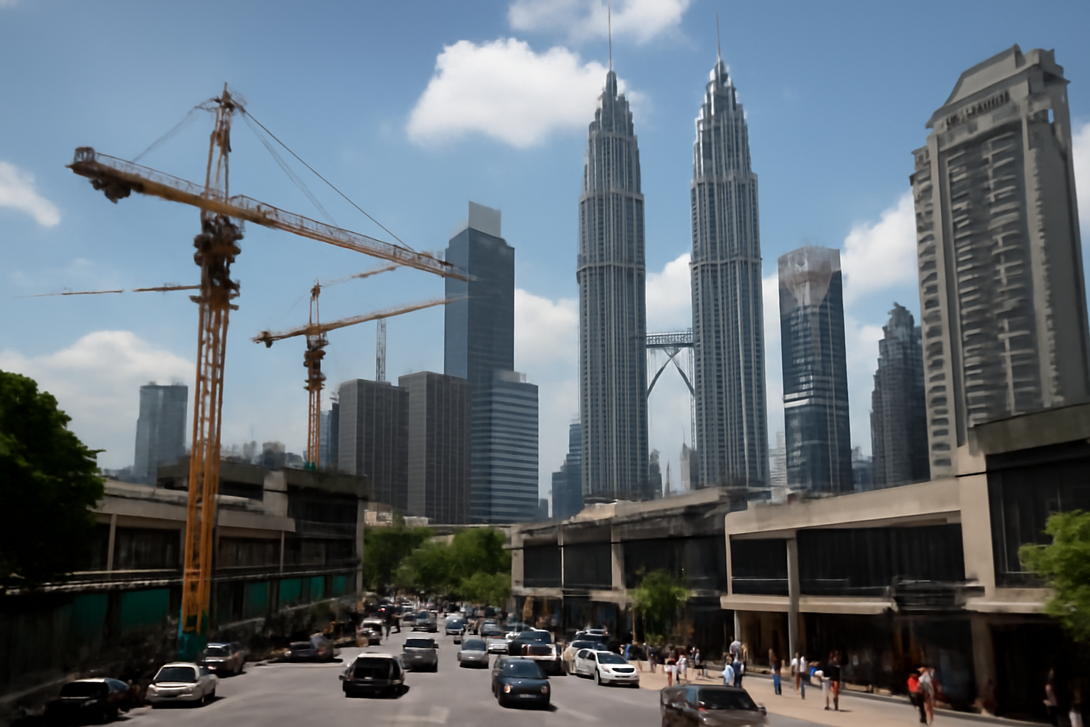 Kuala Lumpur skyline with construction cranes and a shopping district in the foreground under daytime sky