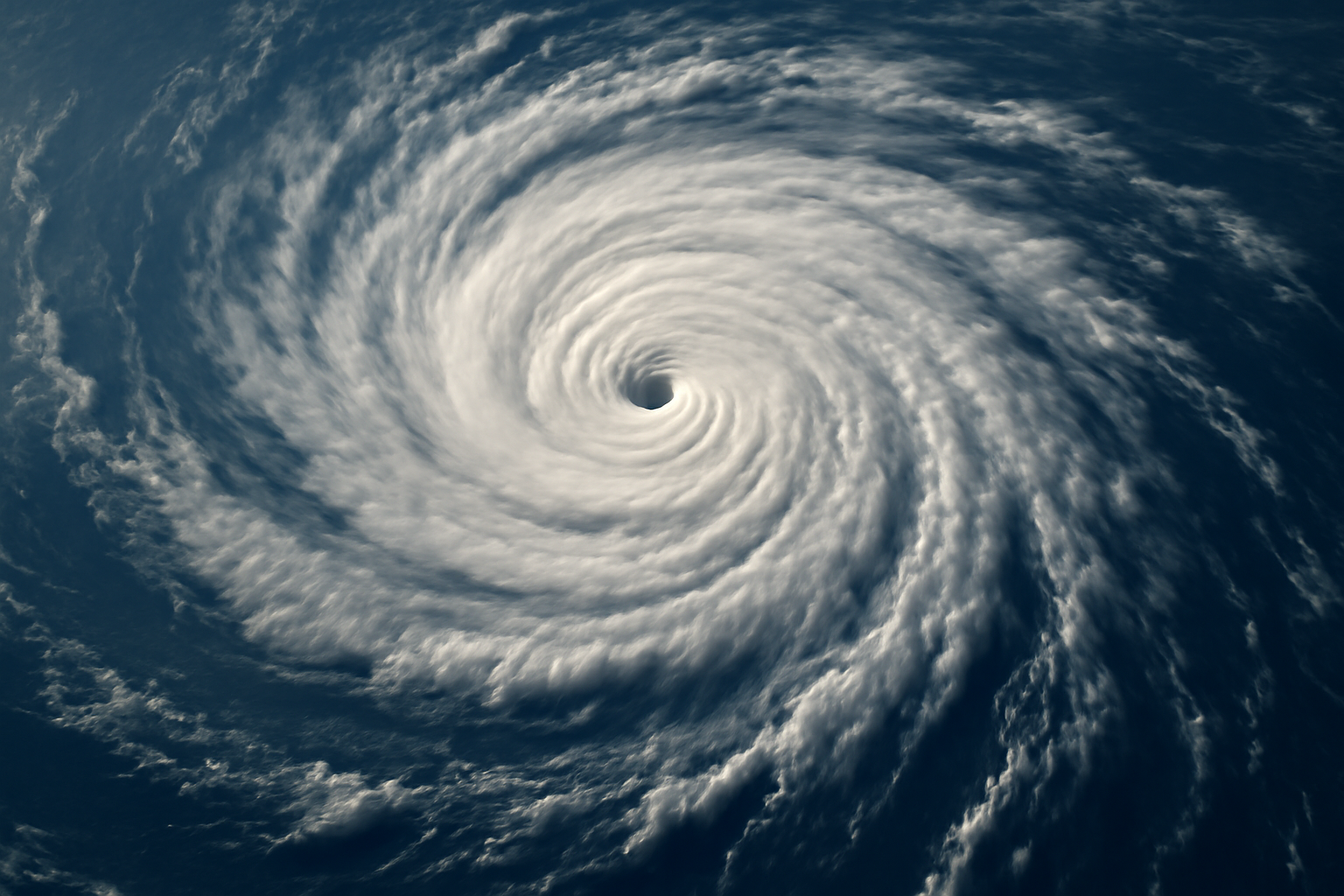 Satellite view of a large spiral tropical cyclone over the open Pacific Ocean near sunset