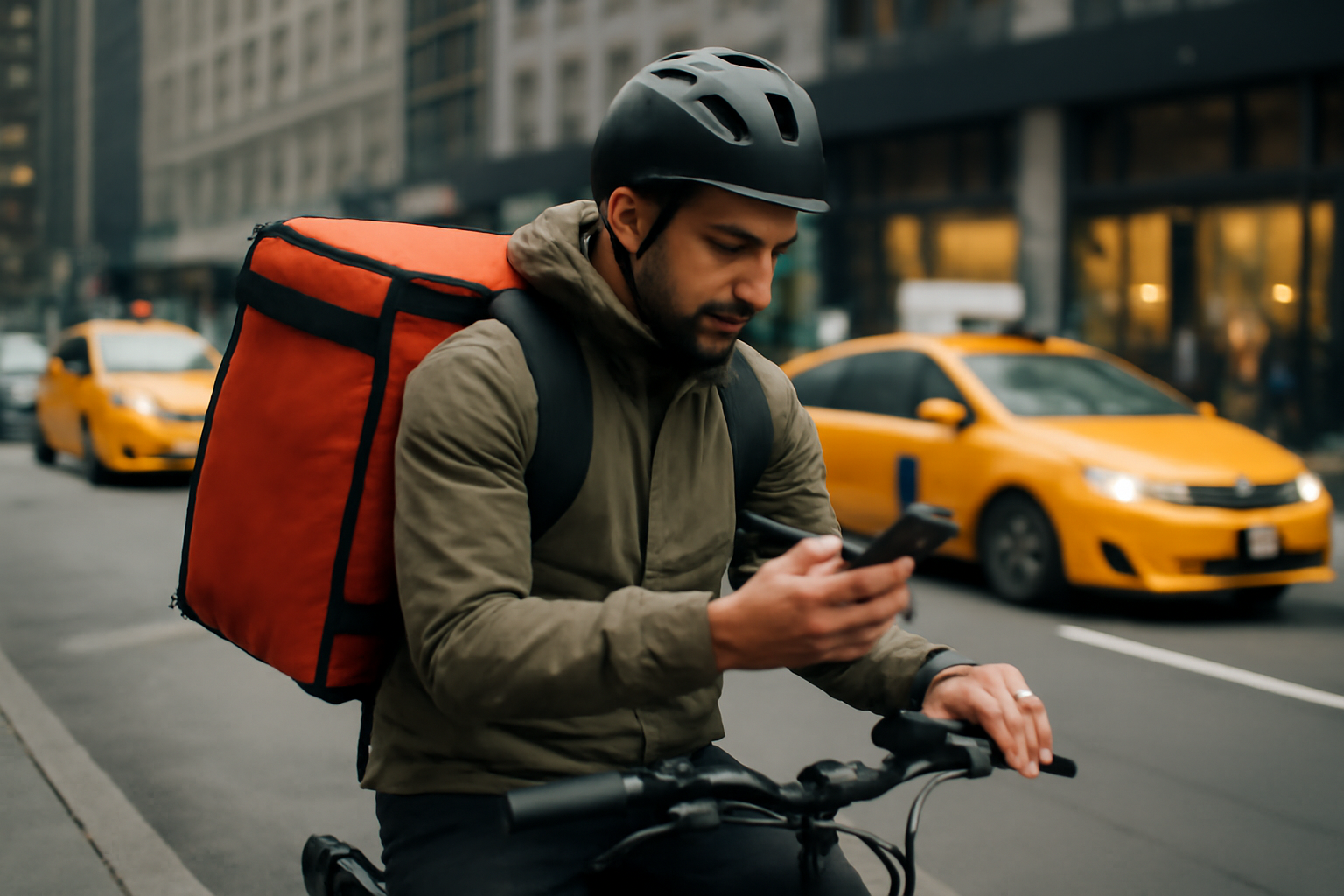 A DoorDash delivery driver checks a smartphone app on a New York City street corner