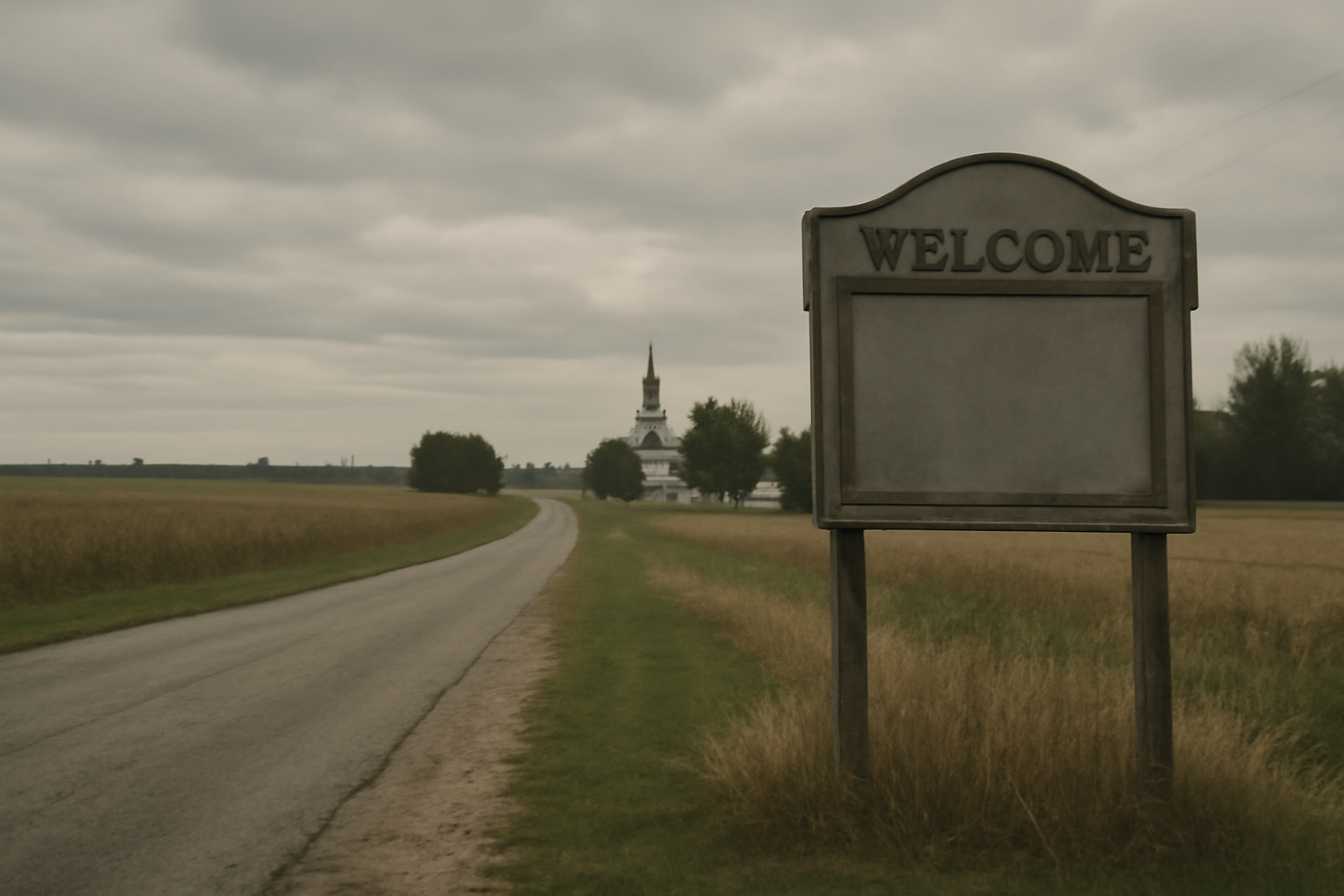 Rural American county road sign next to farmland under overcast sky