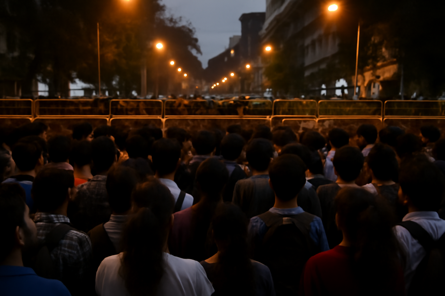 Crowd of young demonstrators facing a line of police barricades on a city street in India