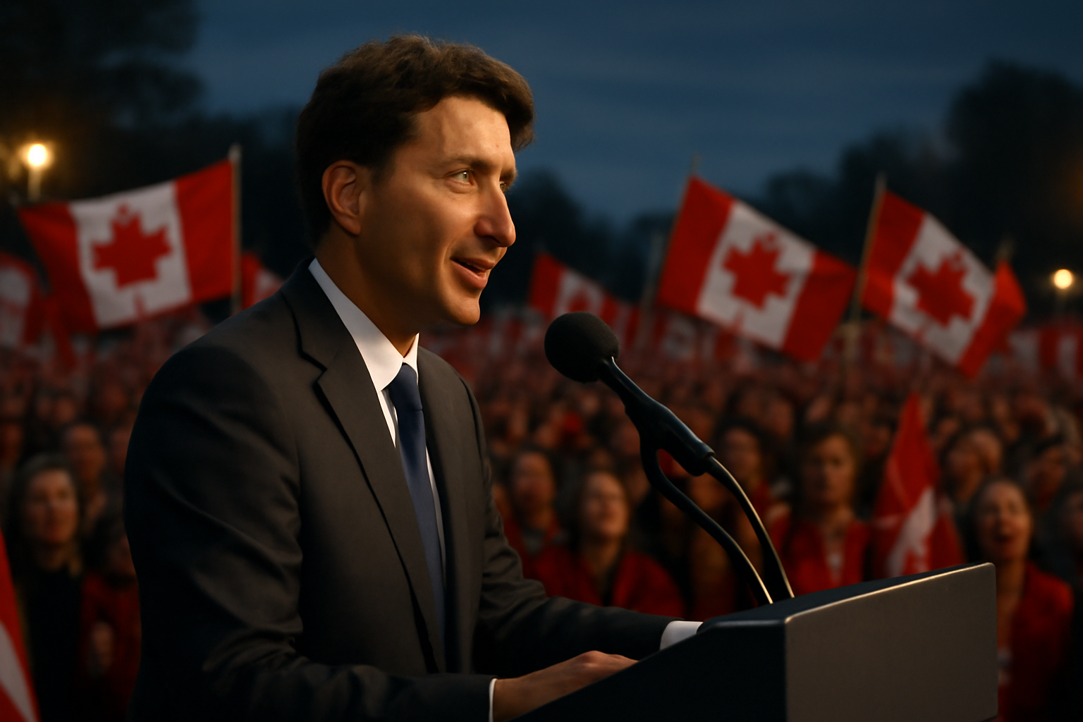 Mark Carney speaking at a podium before a crowd at a Forever Canadian rally in Calgary