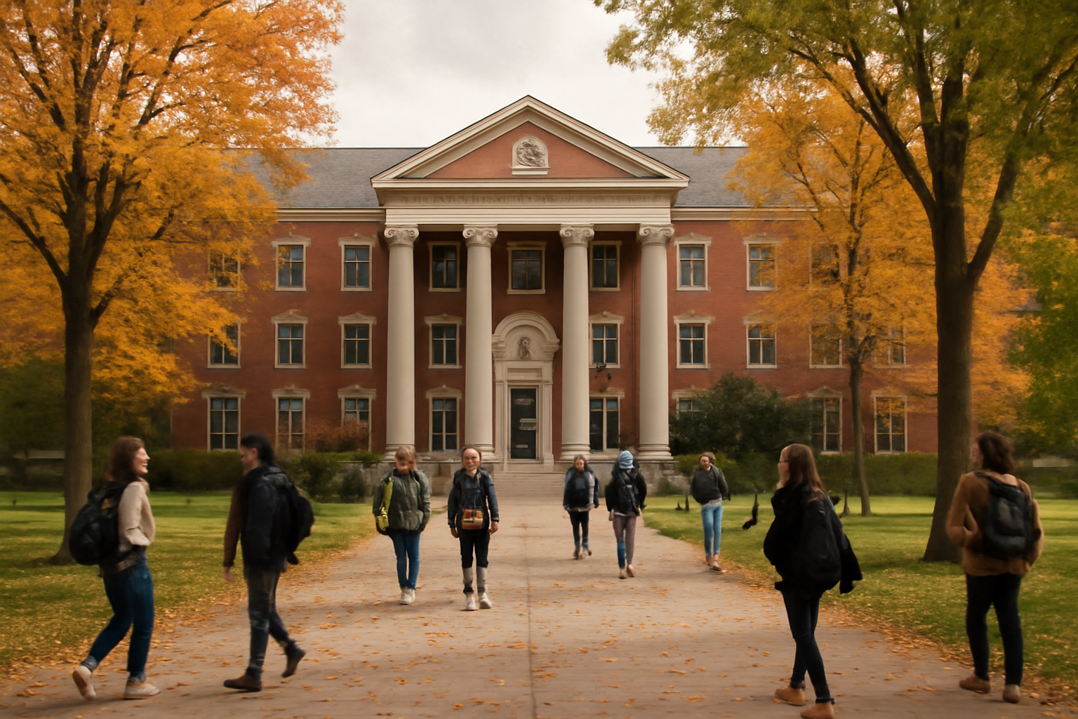 University of Delaware campus building with students walking on a tree-lined quad