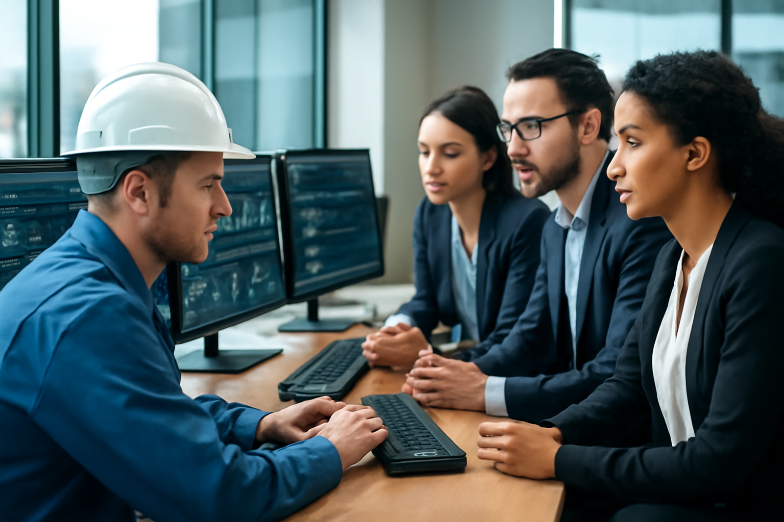 An engineer works alongside enterprise staff at a shared workstation configuring AI software on multiple screens