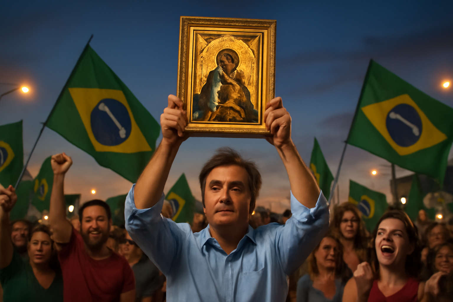 Luiz Inácio Lula da Silva holding a framed image of Our Lady of Aparecida at a campaign rally