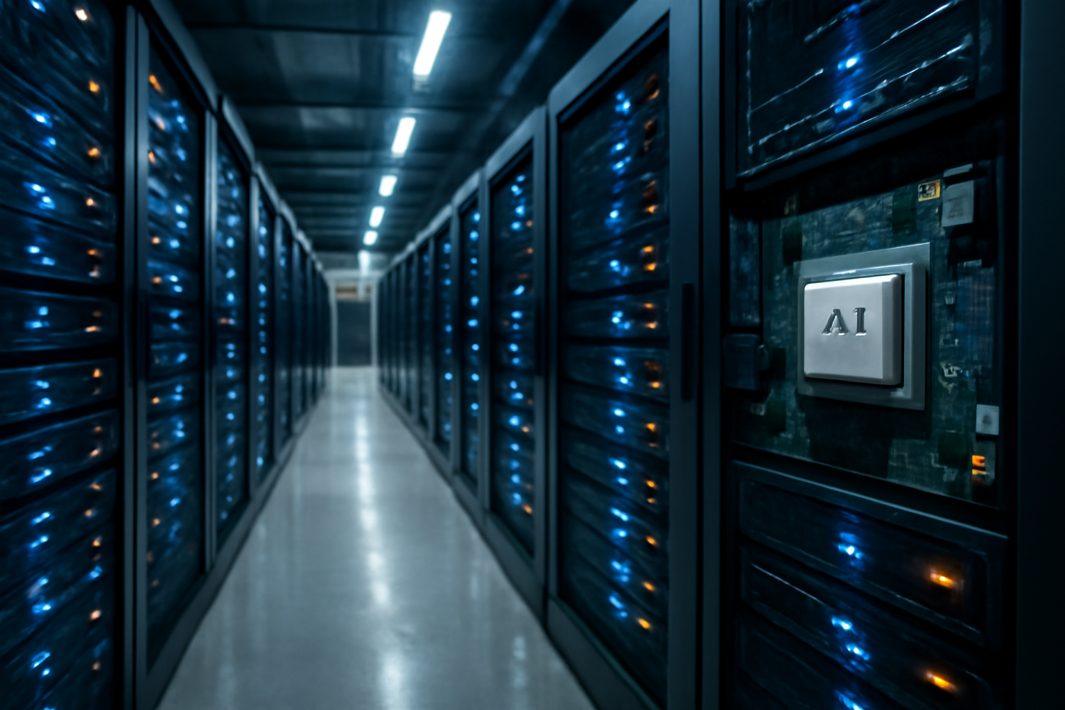 Rows of server racks with custom AI accelerator hardware inside a cloud data center