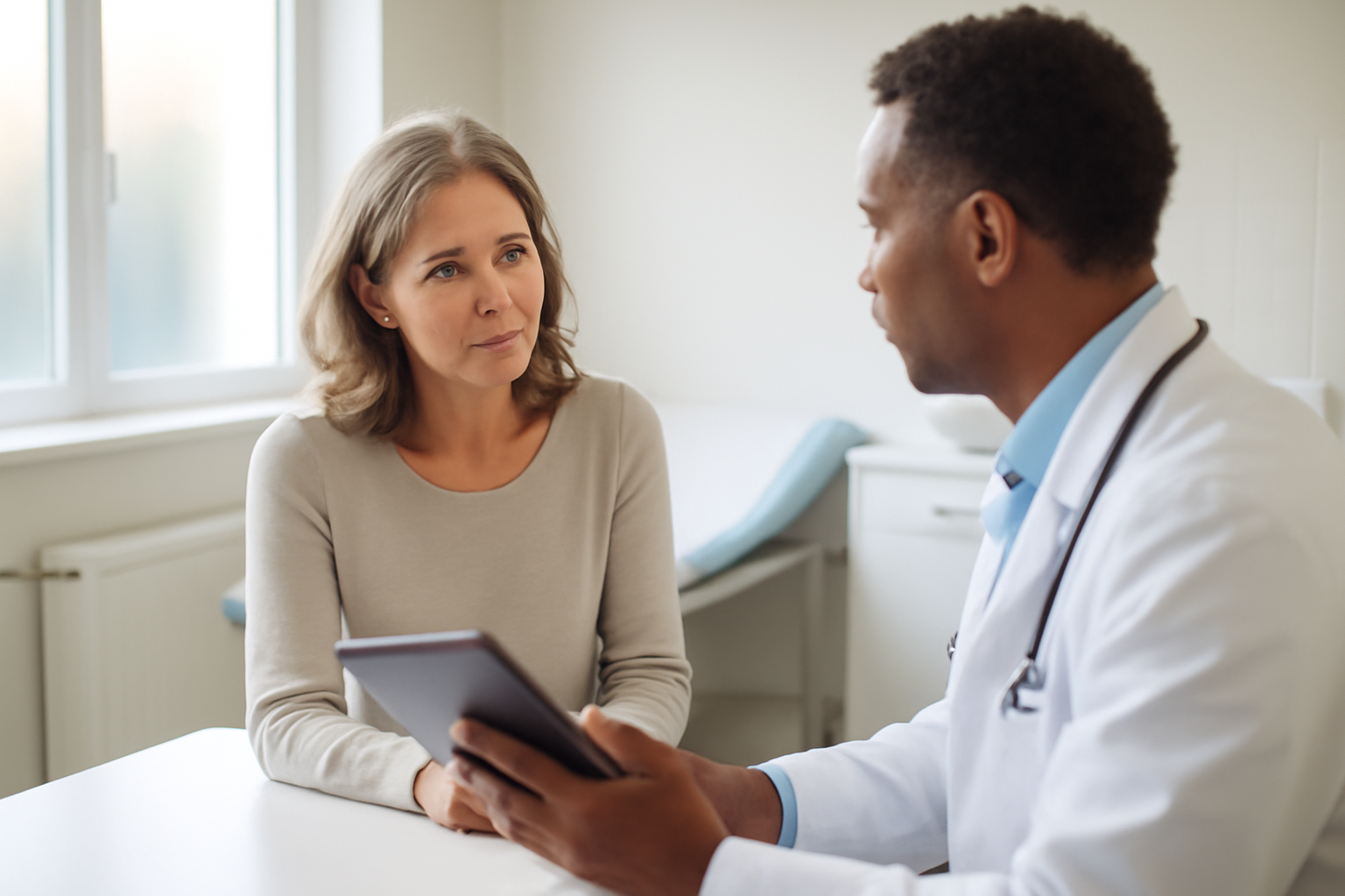 Middle-aged woman speaking with a doctor about memory and concentration symptoms in a clinic exam room