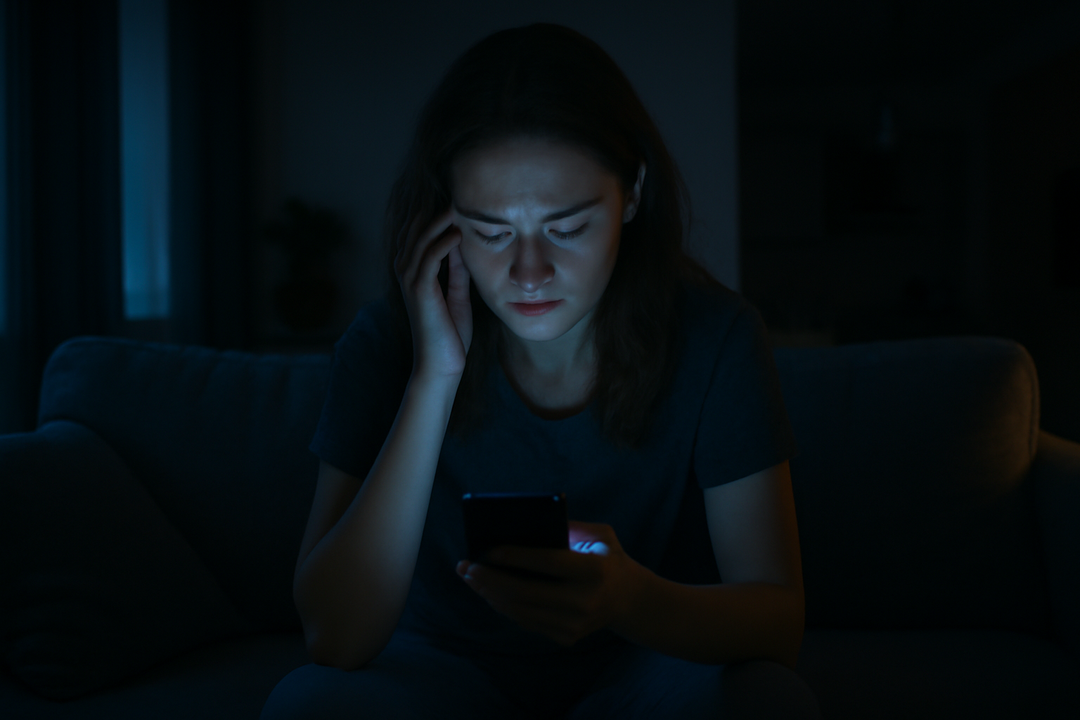 A young woman sits alone on a couch, her face lit only by the glow of a phone screen filled with notifications