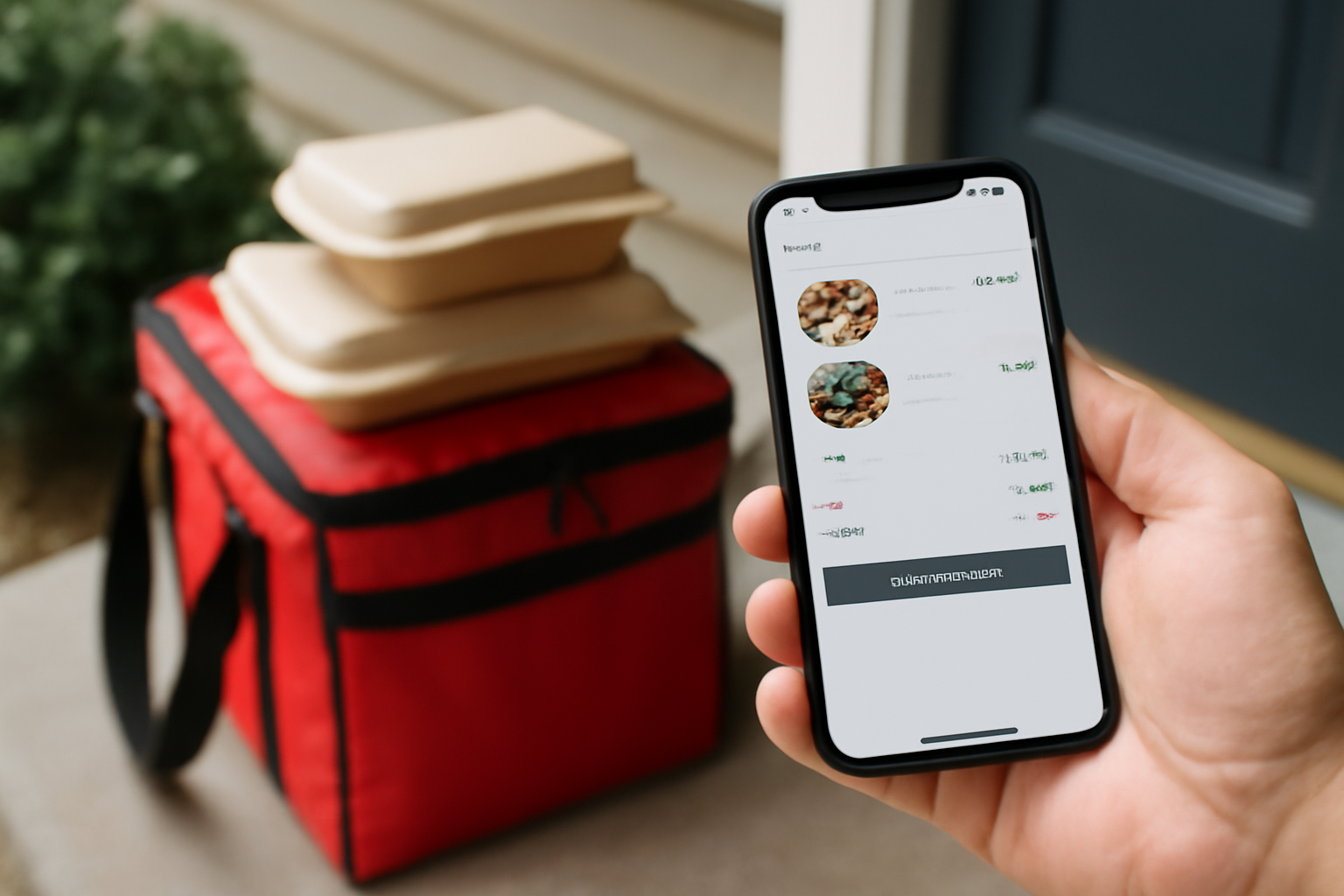 A smartphone displaying a food delivery app checkout screen next to an insulated delivery bag on a doorstep
