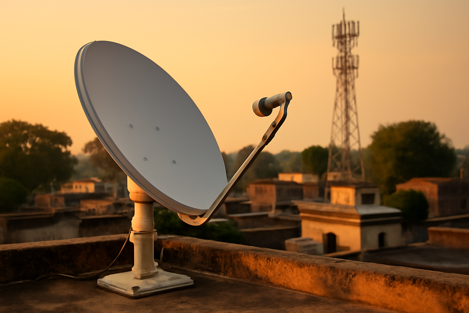 Satellite dish mounted on a rural Indian rooftop with a telecom tower visible in the distance