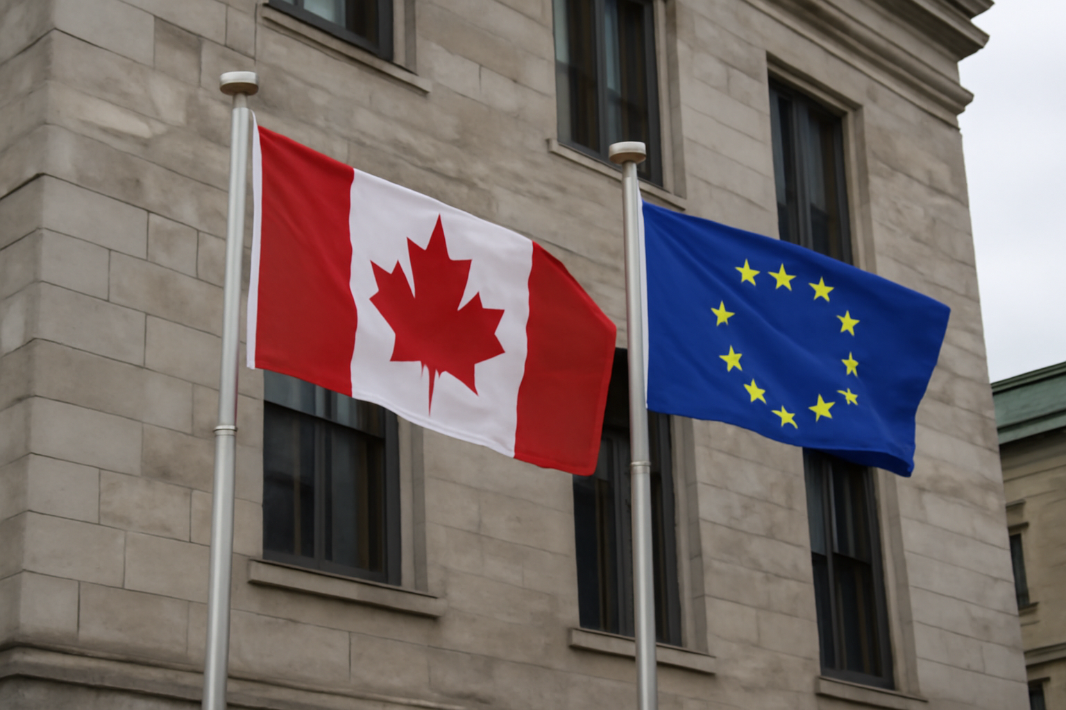 Canadian and European Union flags displayed together outside a government building