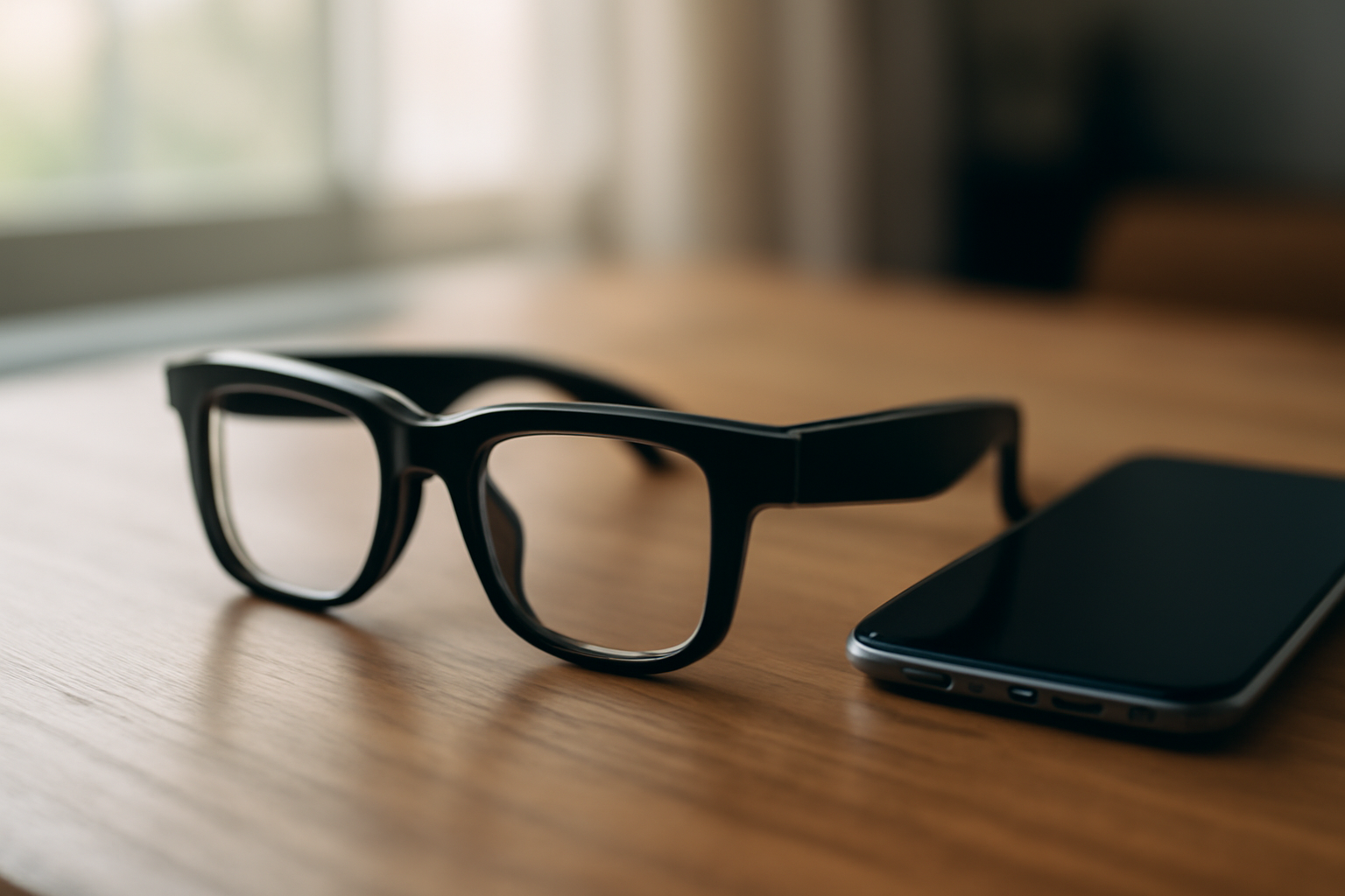 A pair of camera-free Ray-Ban Meta Audio smart glasses resting on a table beside a smartphone
