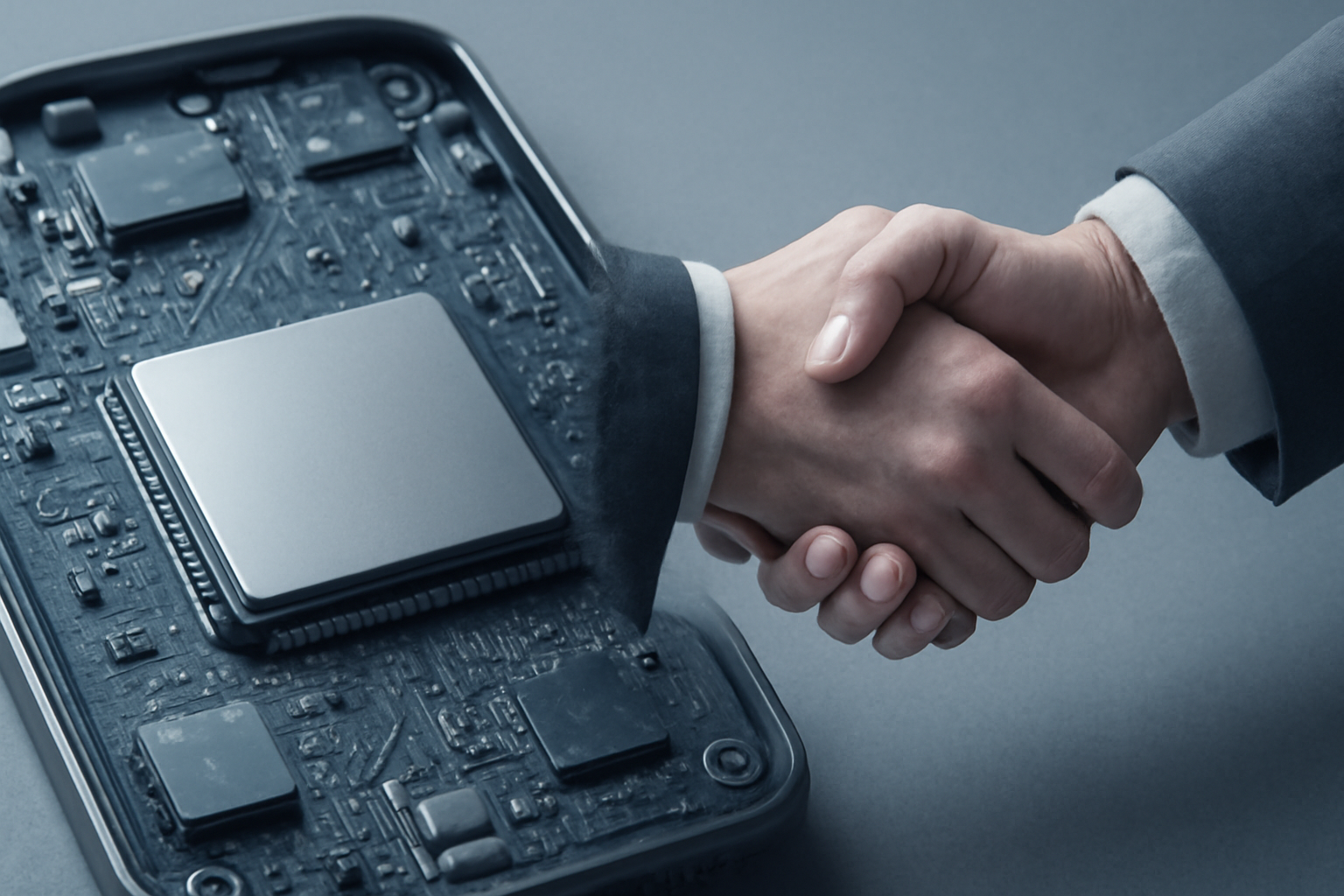 Smartphone circuit board and semiconductor chip displayed beside a corporate handshake silhouette representing a technology licensing agreement