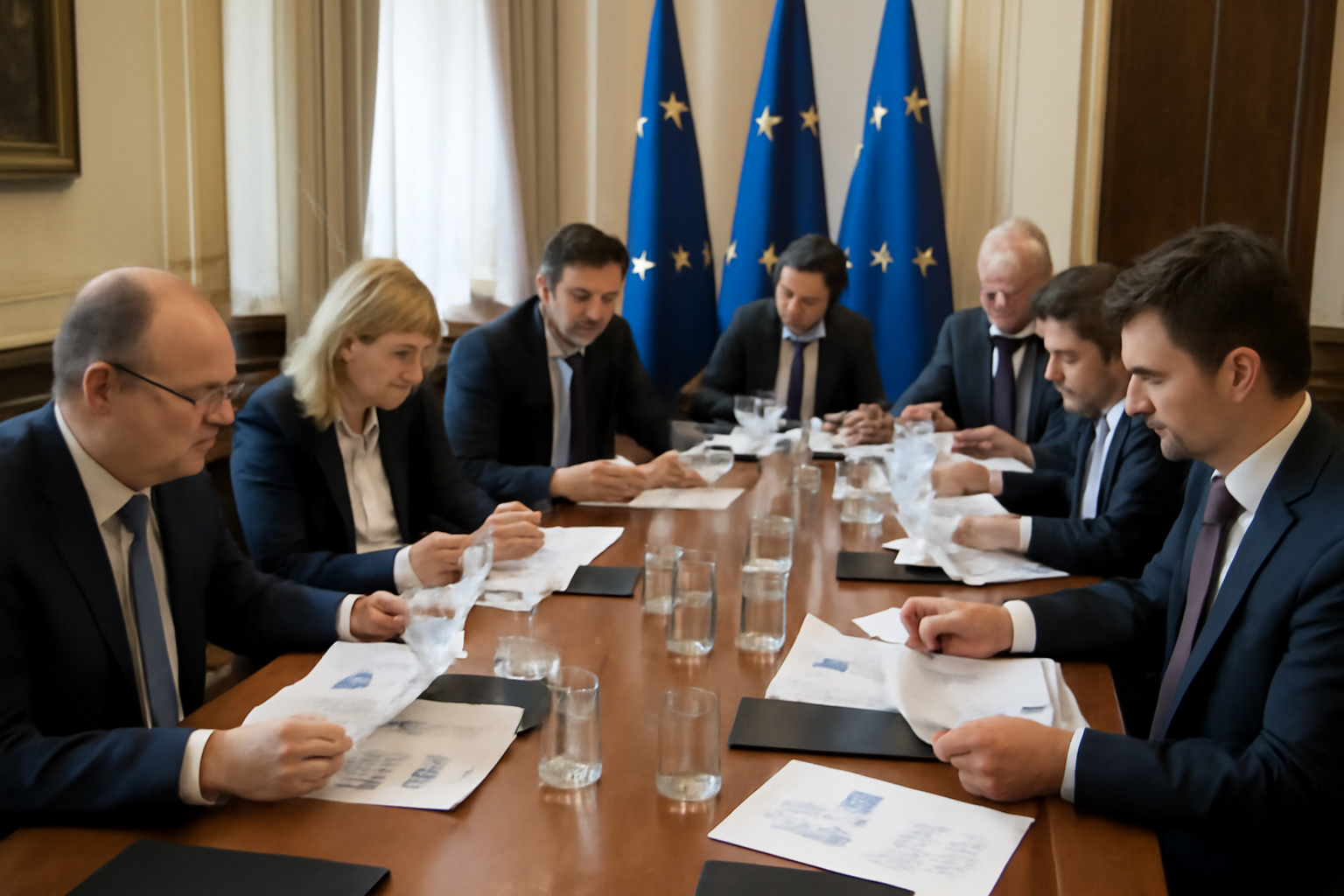 European energy ministers seated around a conference table reviewing fuel supply charts