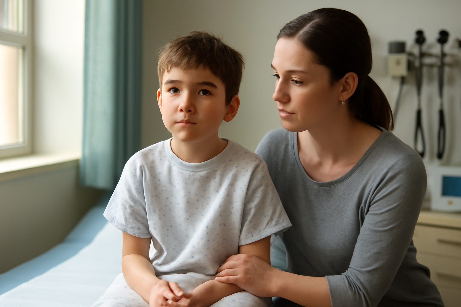 A young boy sits in a hospital exam room while a parent looks on with a supportive hand on his shoulder