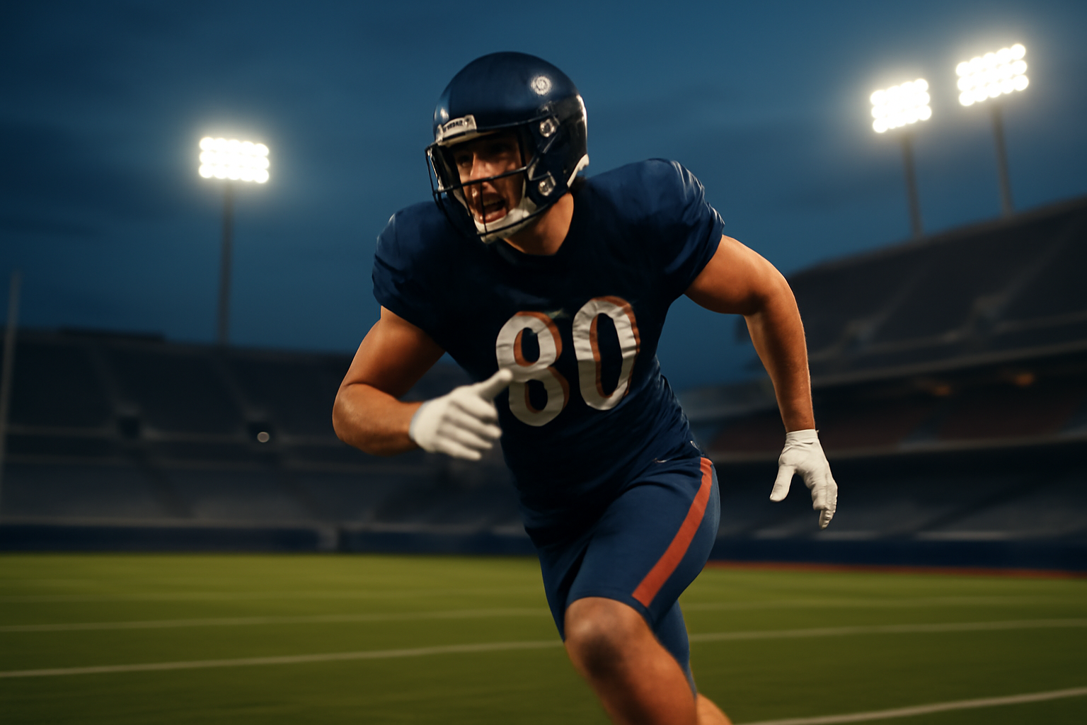A tight end in a dark practice jersey running a route on an empty football field under stadium lights