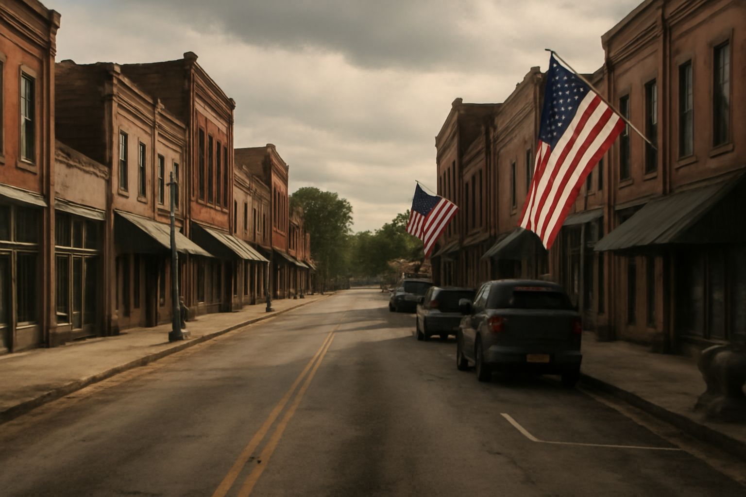 Main Street storefronts in a small Louisiana town beneath an overcast sky