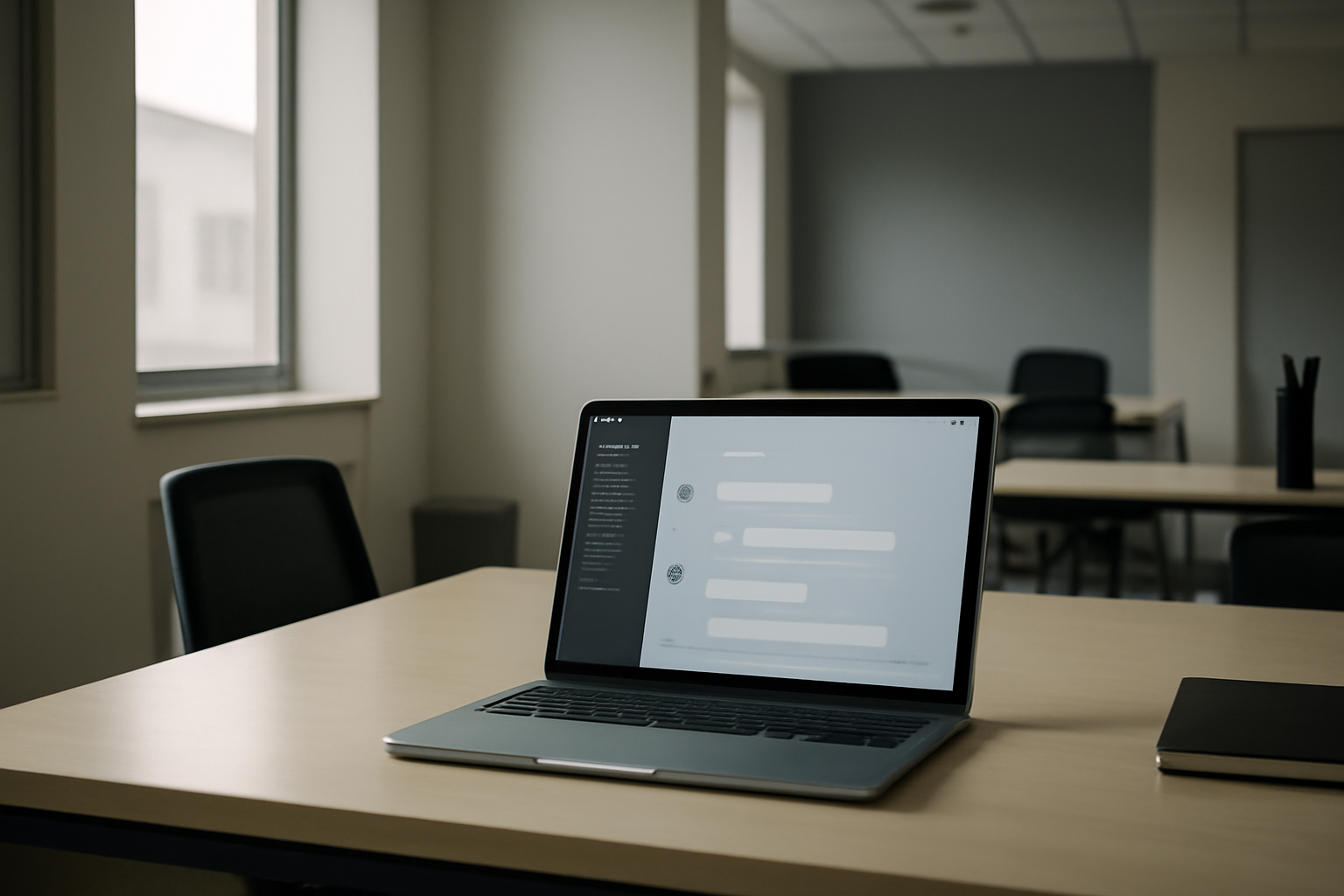 Empty office desk with a laptop displaying a chat interface inside a tech company workspace