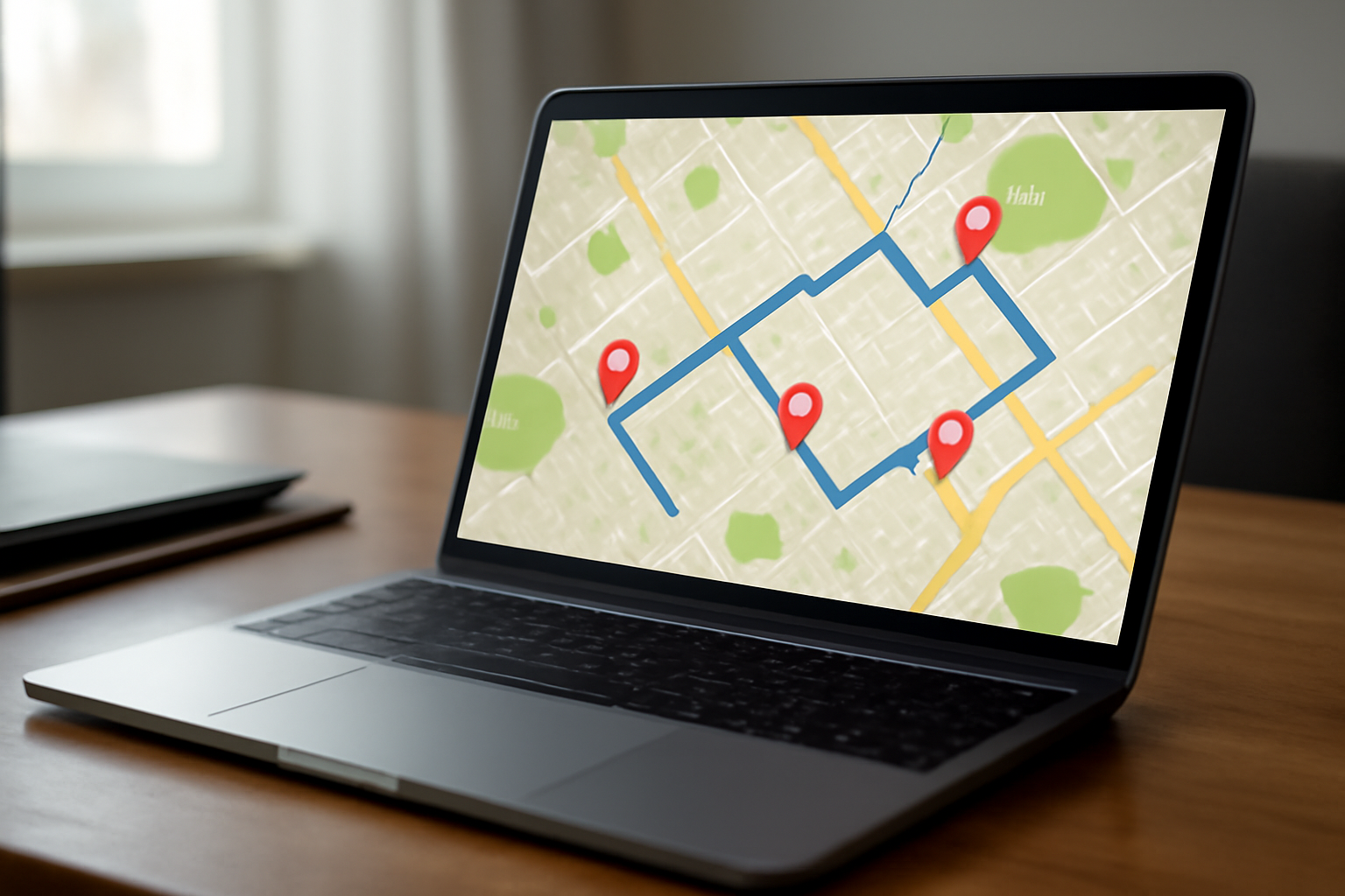 A laptop screen displaying a map-based interactive travel simulation with checkpoint markers