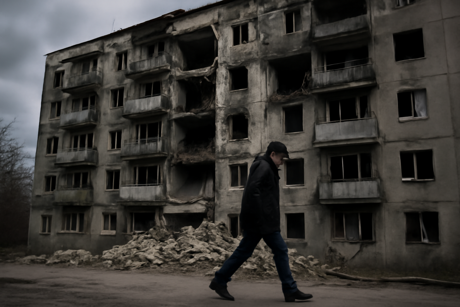 Damaged apartment block in an eastern Ukrainian city with a resident walking past rubble