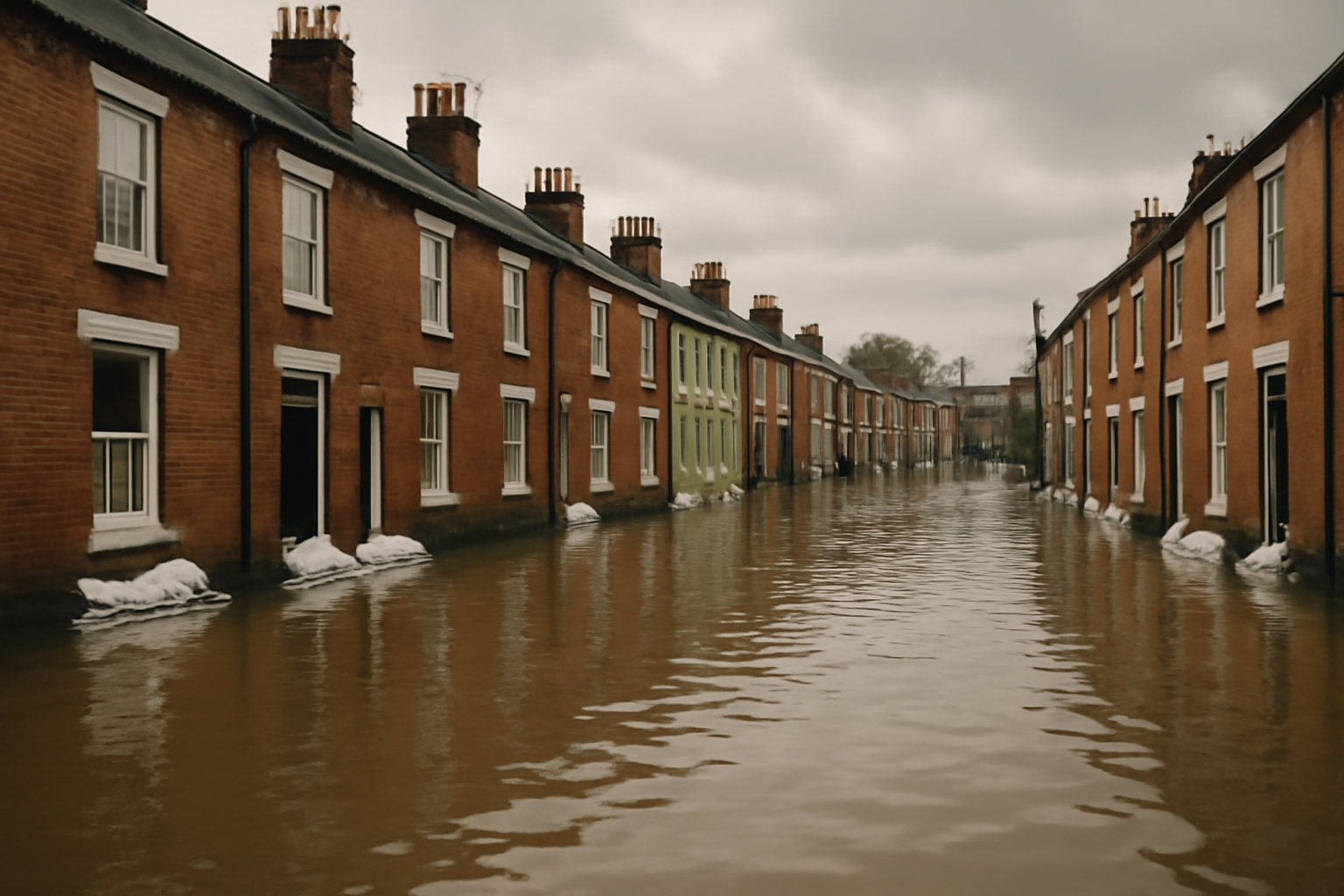 Flooded residential street with water surrounding brick houses in England