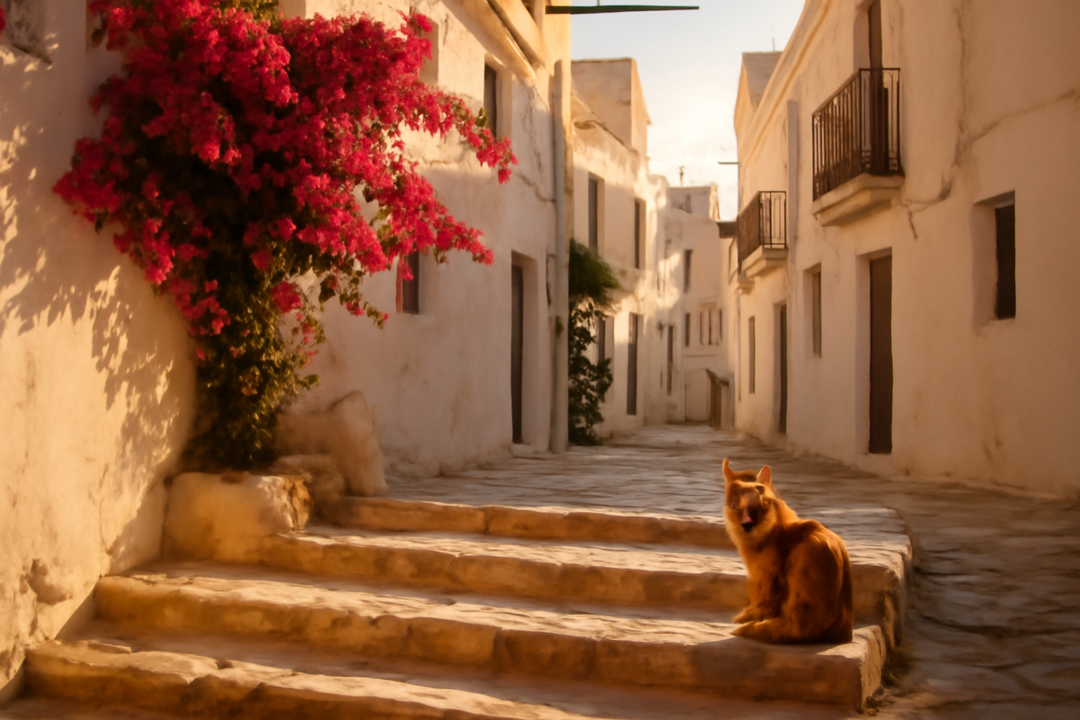 Woman walking a quiet Mediterranean village street at dusk with a stray cat nearby