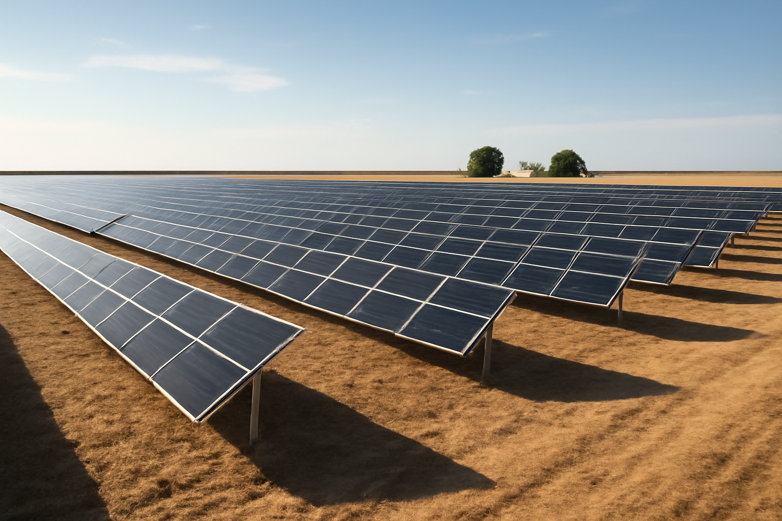 Rows of solar panels stretching across flat farmland under a clear Texas sky