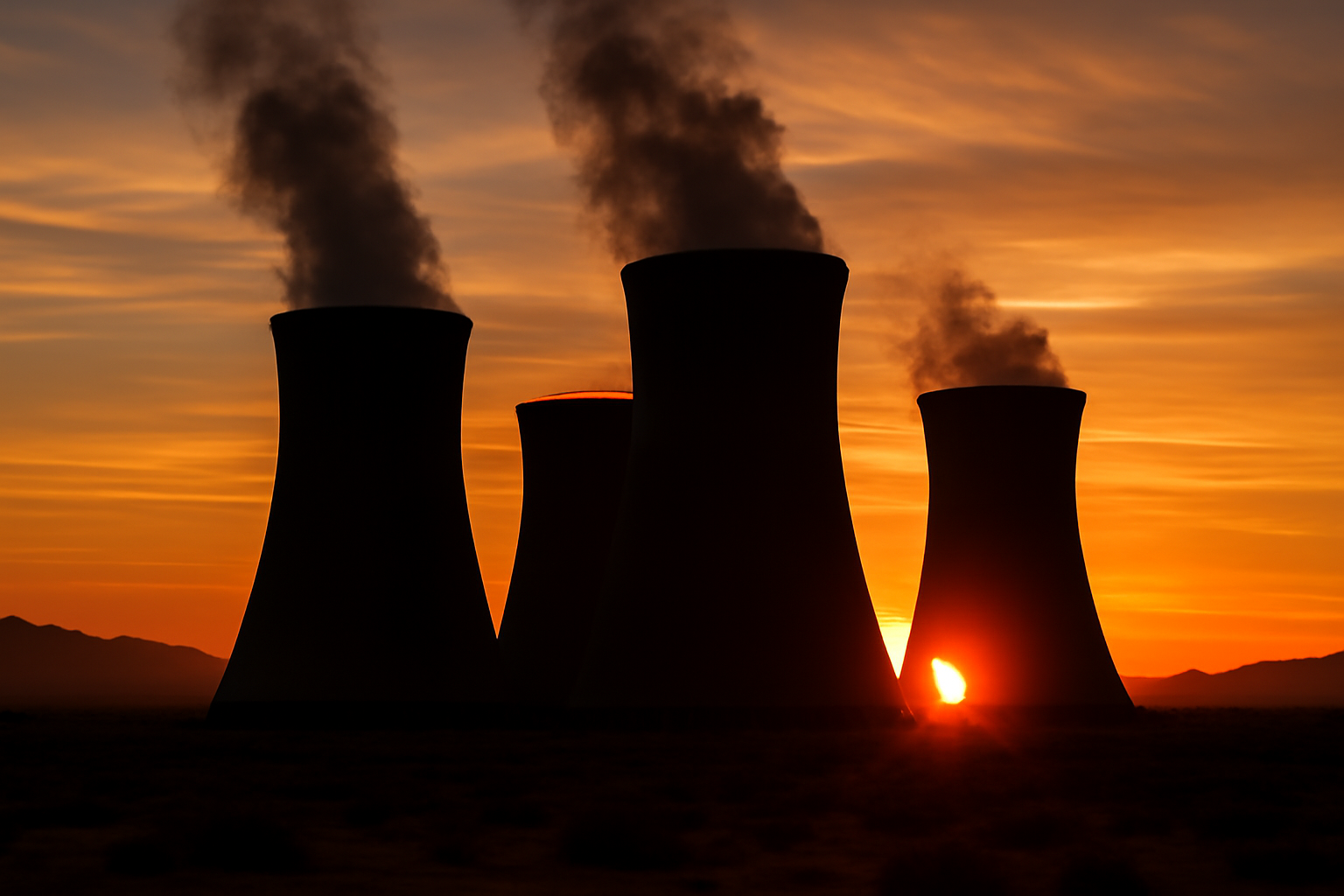 Exterior view of a nuclear power facility cooling towers against a desert skyline at dusk
