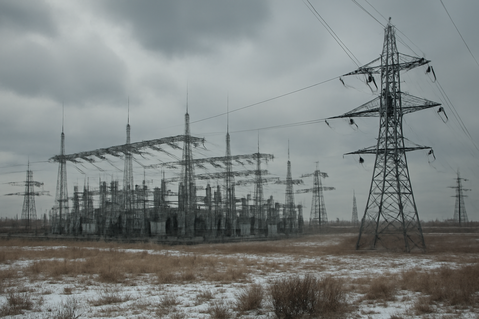 Power lines and an energy substation near a snow-dusted field under a gray sky