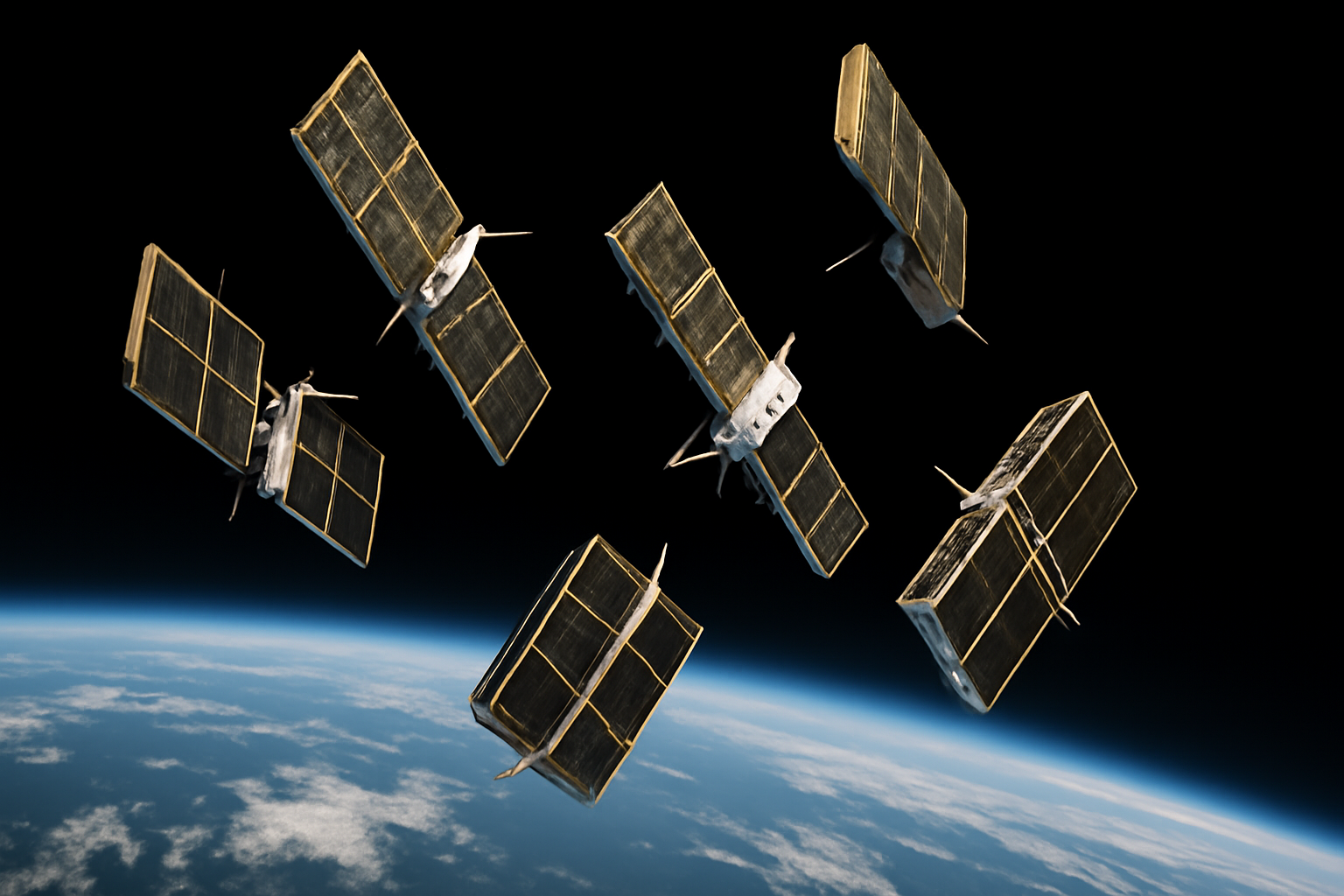 Starlink satellites deploying in low-Earth orbit above Earth's curved horizon