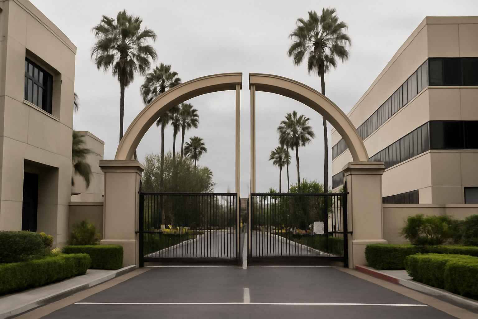 Warner Bros. studio lot gate with corporate signage in Burbank, California