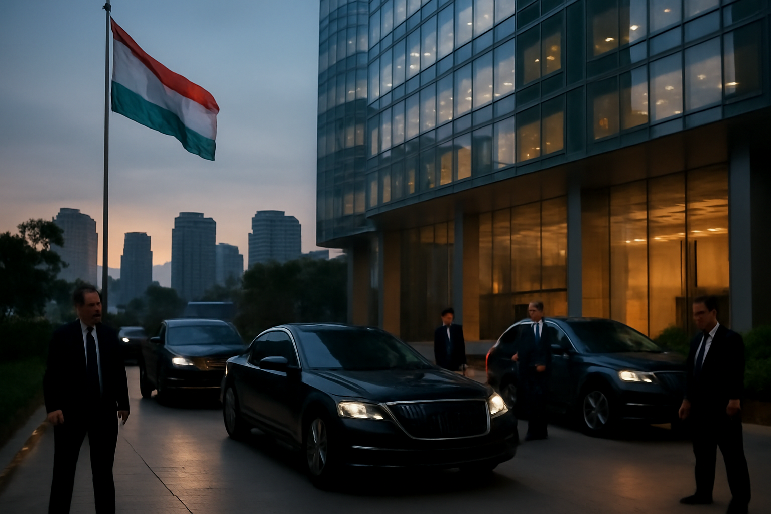 Government motorcade arriving outside a modern office tower in Mumbai's business district