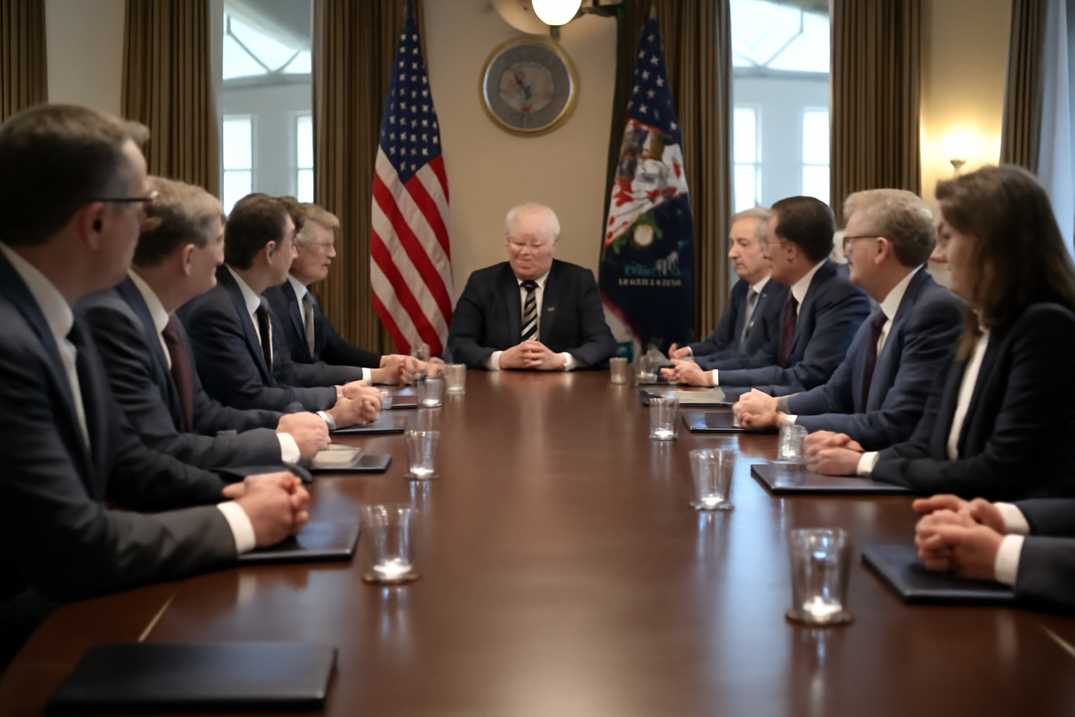 Tech executives seated around a table with President Trump inside a White House meeting room
